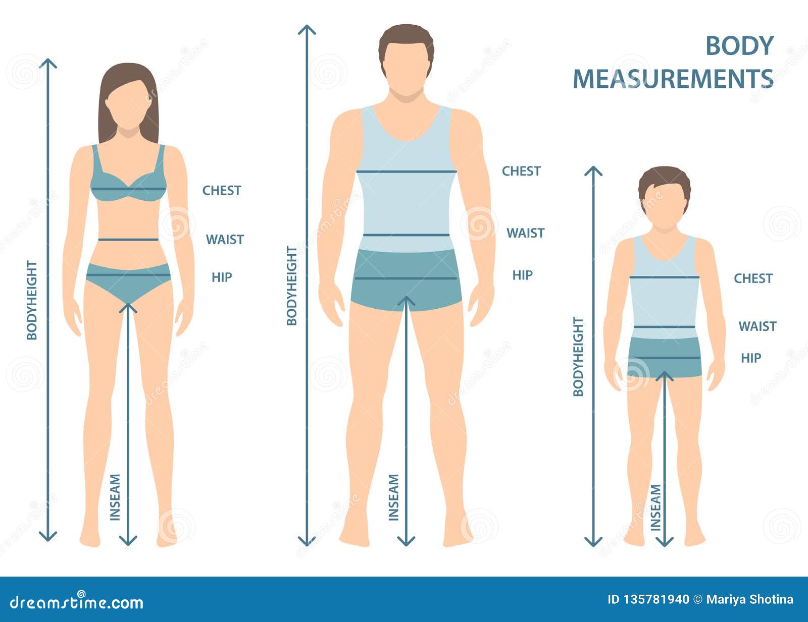   of man, women and boy in full length with measurement lines of body parameters .