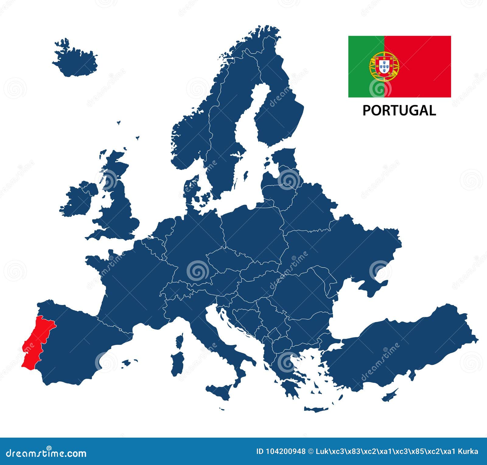 Vector Illustration of a Map of Europe with Highlighted Portugal Stock  Vector - Illustration of highlighted, region: 104200948