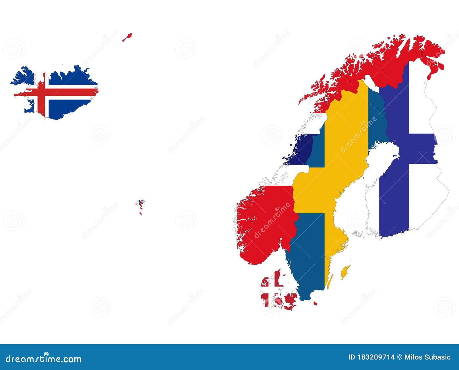 map of north europe-nordic countries with national flag