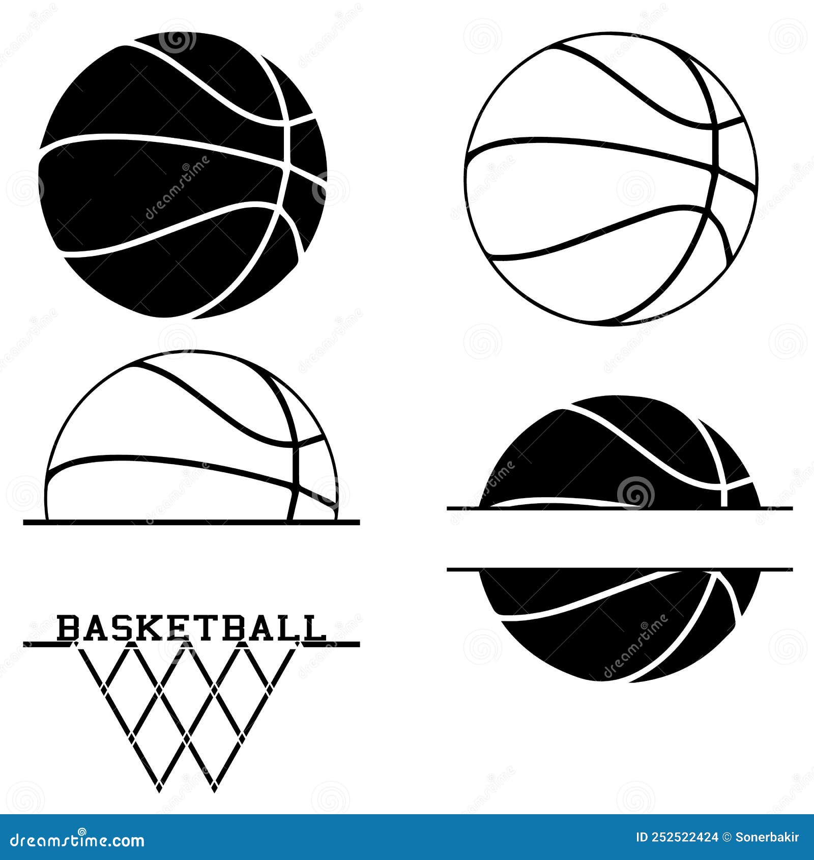 Vector Illustration of 4 Minimalistic Basketball Clipart. Basketball Drawing with Copy Space