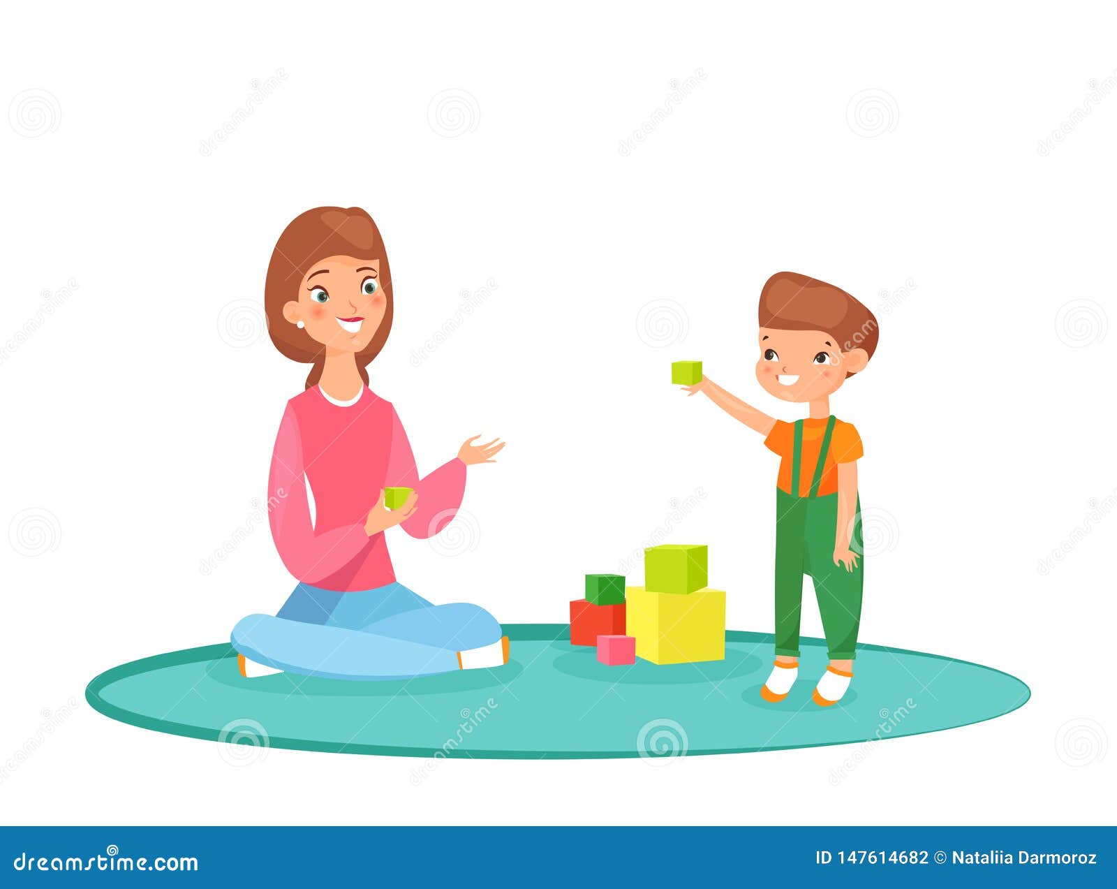 Vector Illustration Of Mom Playing Blocks With Her Son On The Carpet