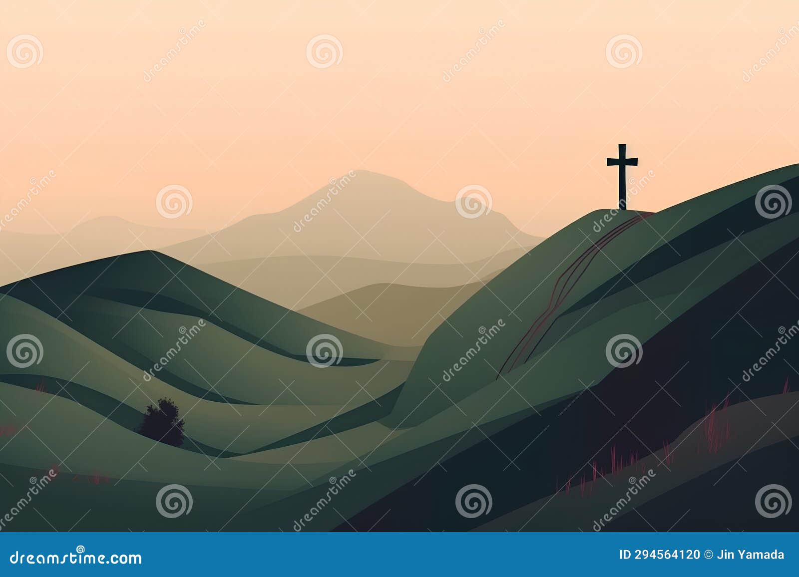 Vector Illustration of a Mountain Landscape with a Cross on the