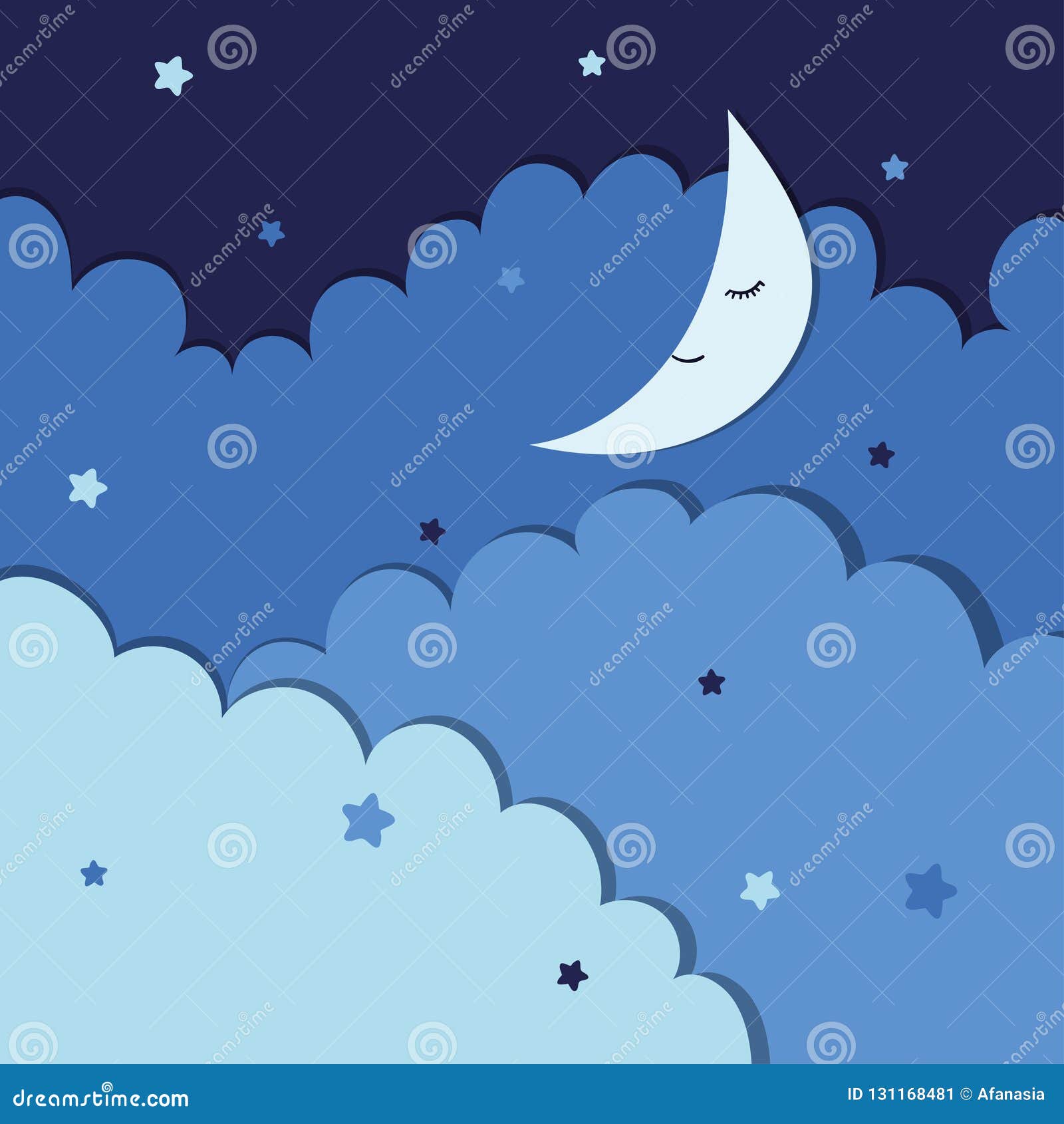 Vector Illustration of Night Sky with Stars, Clouds and Moon. Stock ...