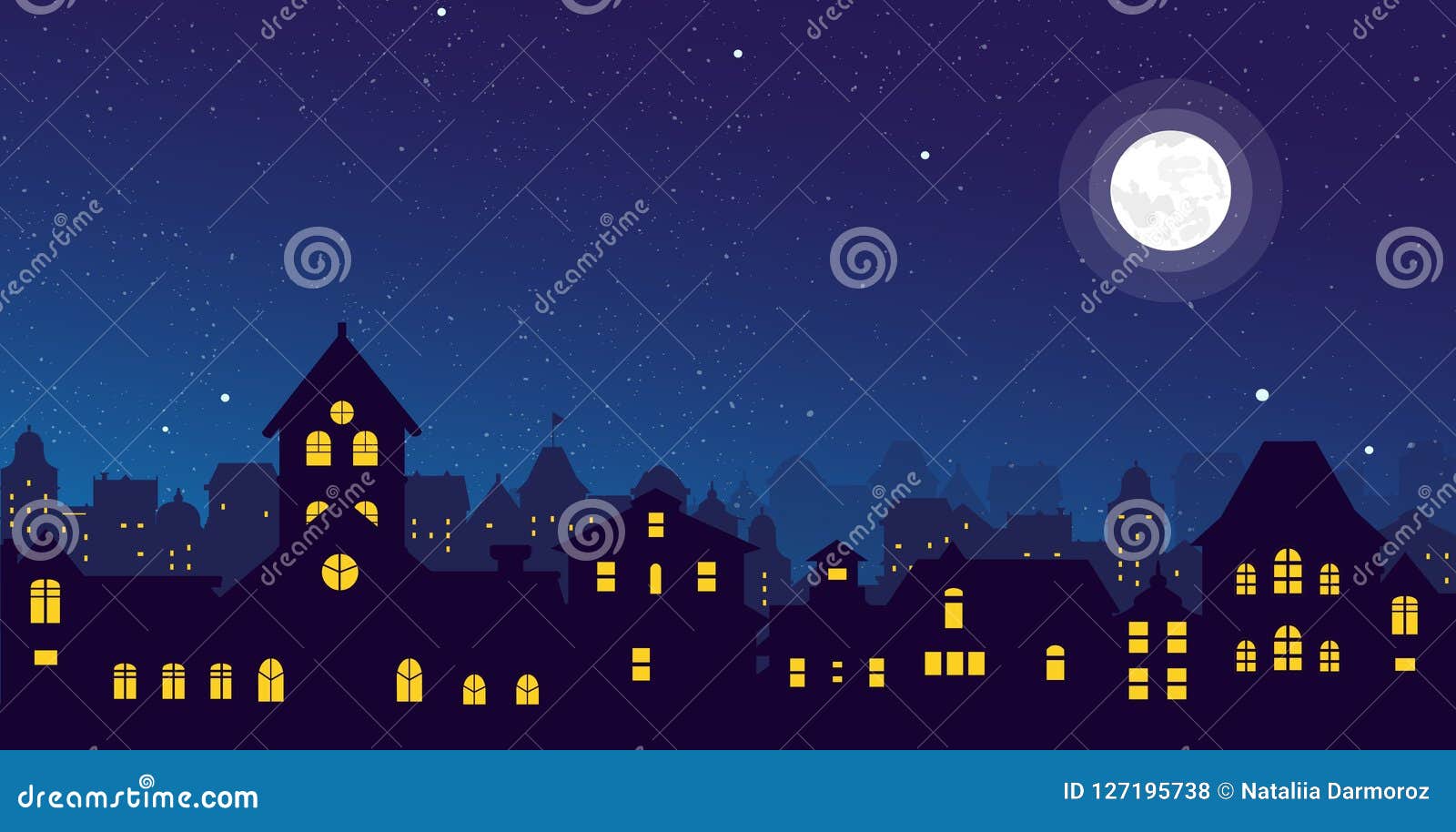   of the night town skyline with a full moon over urban houses rooftops in flat style.