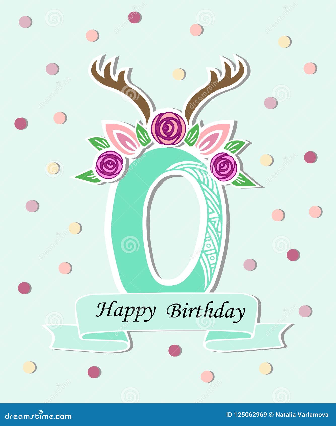 Vector Illustration Number Zero With Deer Headband. Stock With Headband Card Template