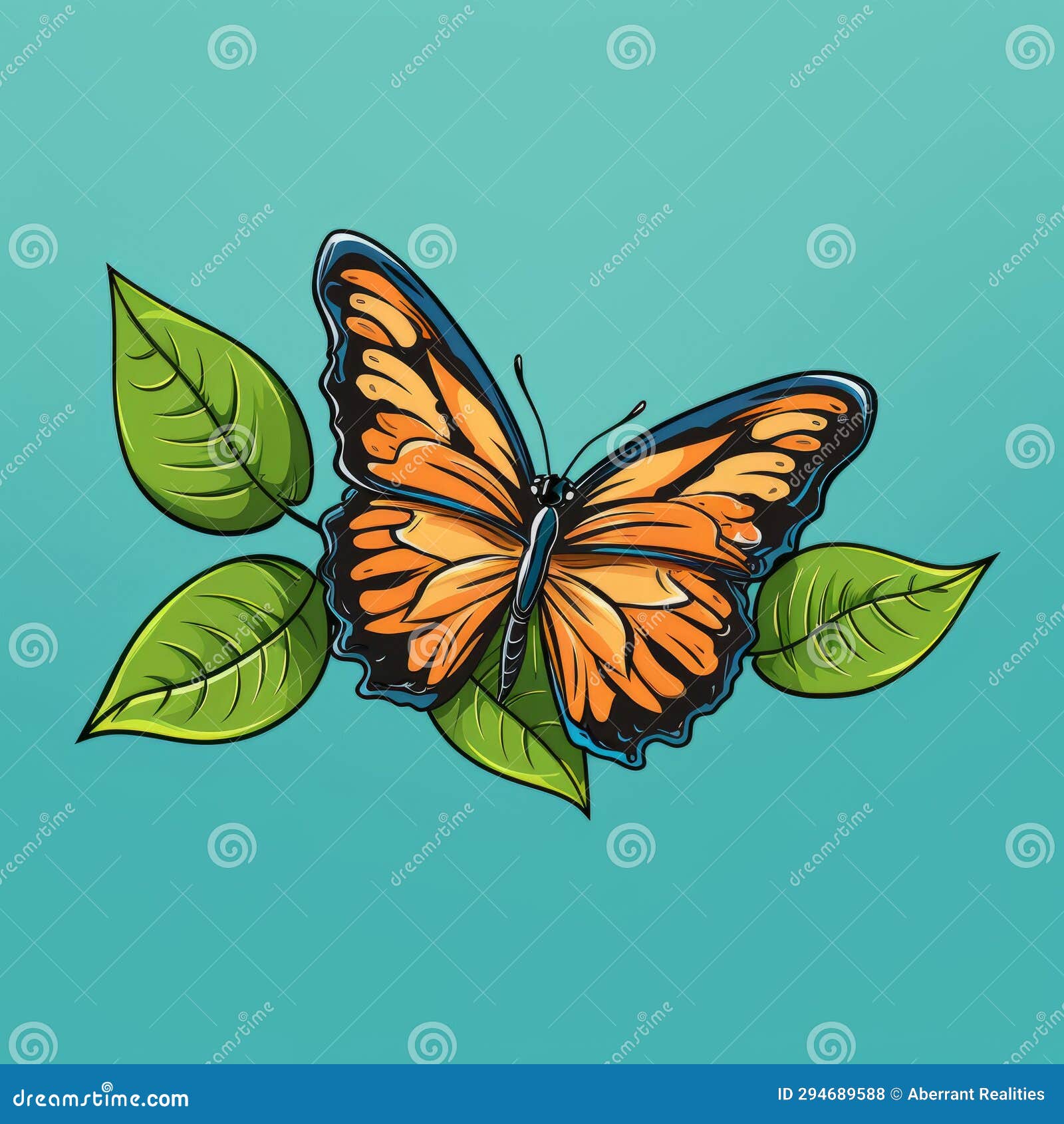 Vector Illustration of Orange Butterfly with Green Leaves on Blue