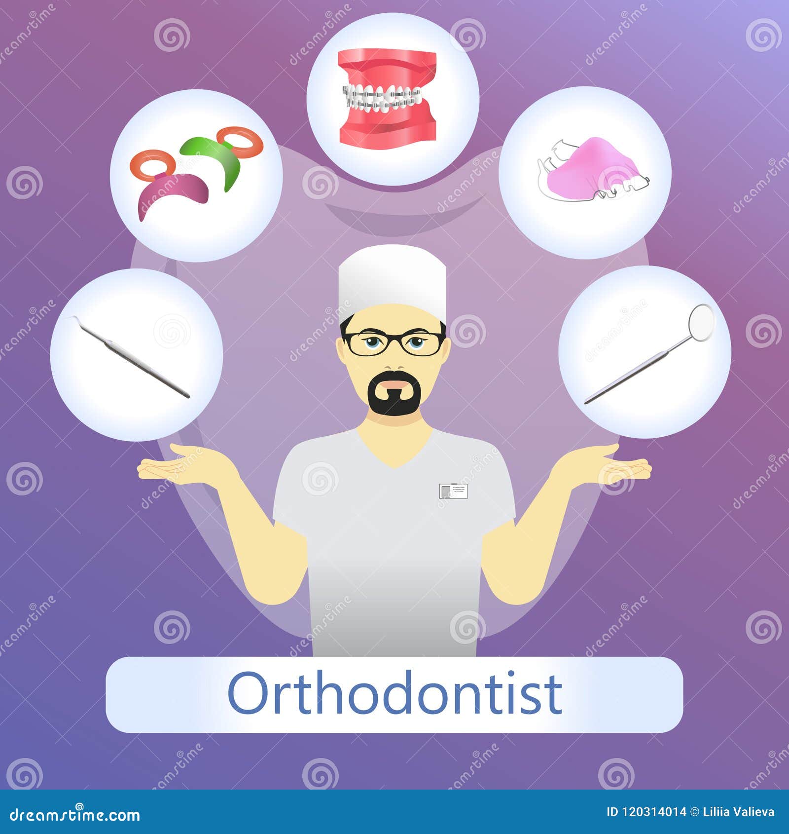 Vector Illustration of Orthodontist with Defferent Dental Instruments Stock Vector