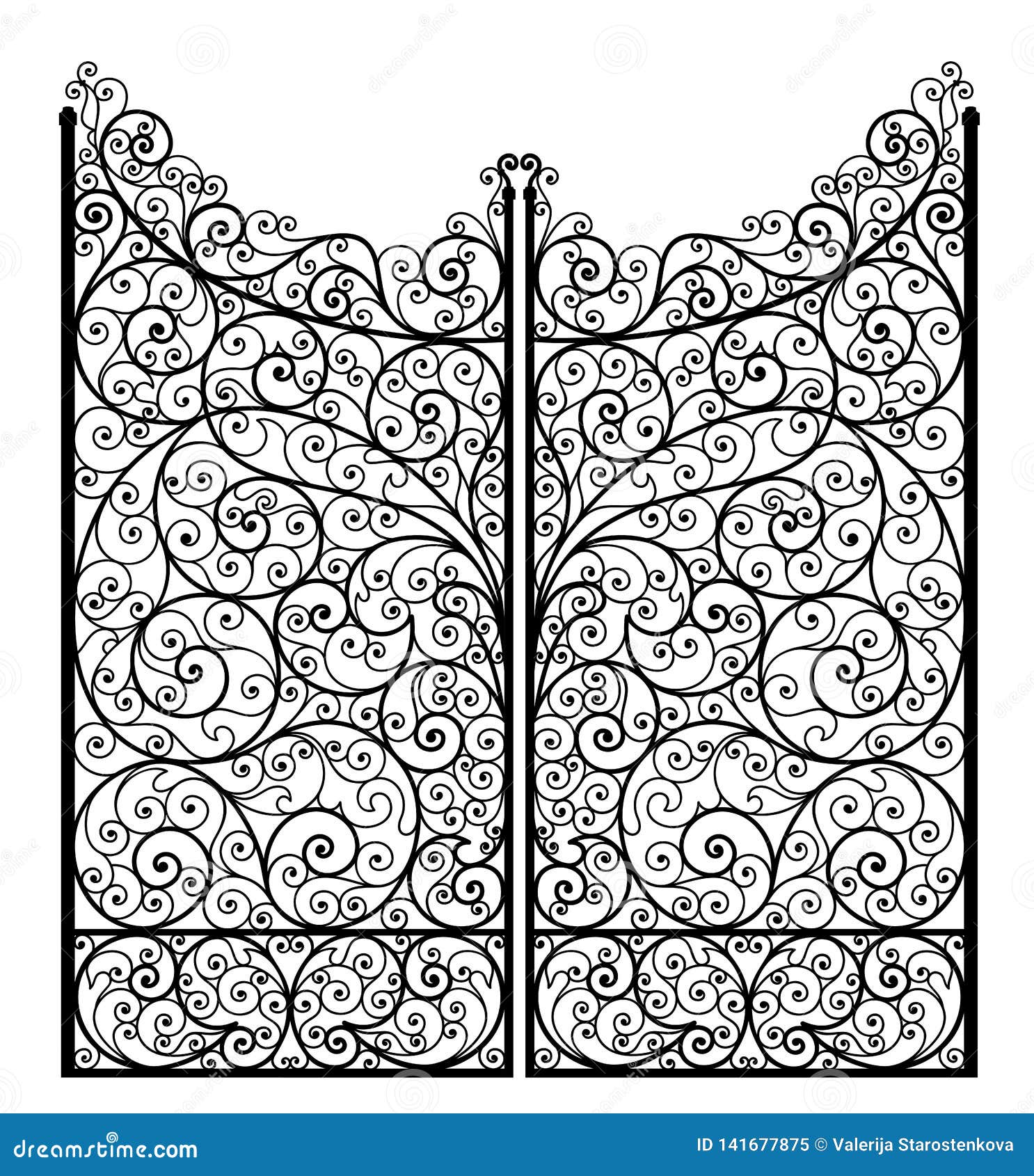 Vector Illustration of Outline Detailed Wrought Iron Gate, Isolated