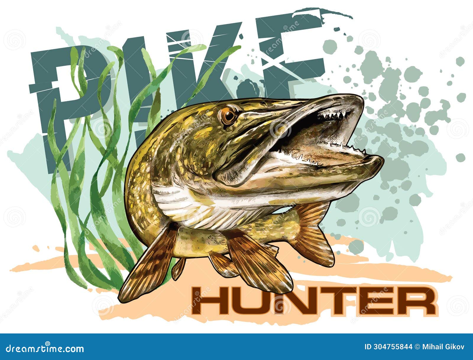 Pike Fish Hunter Monster Vector Illustration Printable Stock