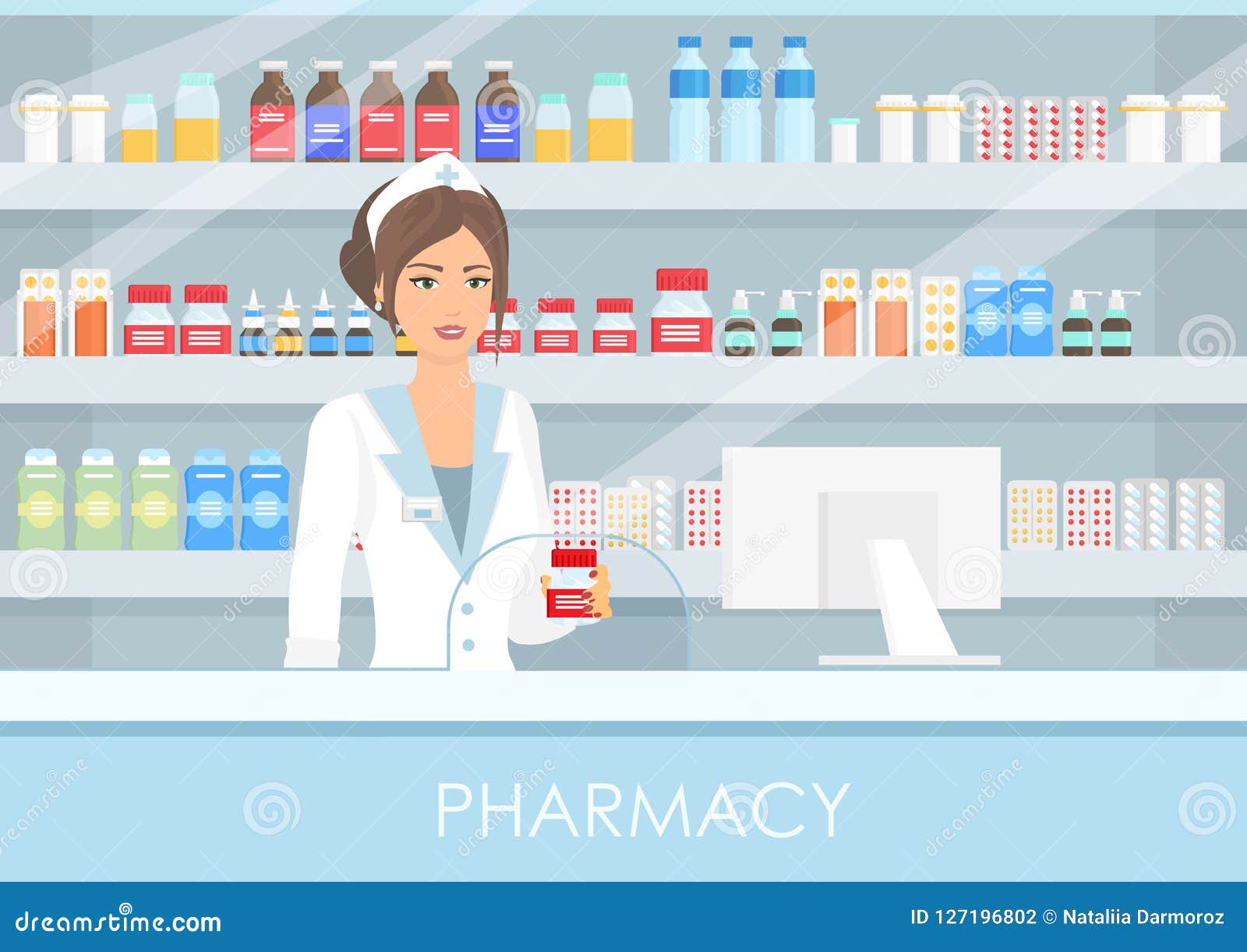 Vector Illustration of Pretty Female Pharmacist in Interior Pharmacy or ...