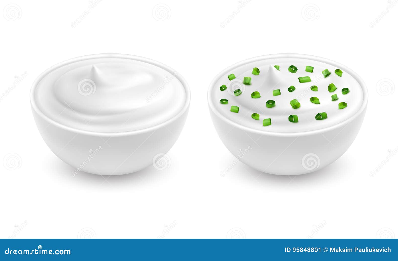   of a realistic style white bowl with sour cream, yogurt with sliced green onions