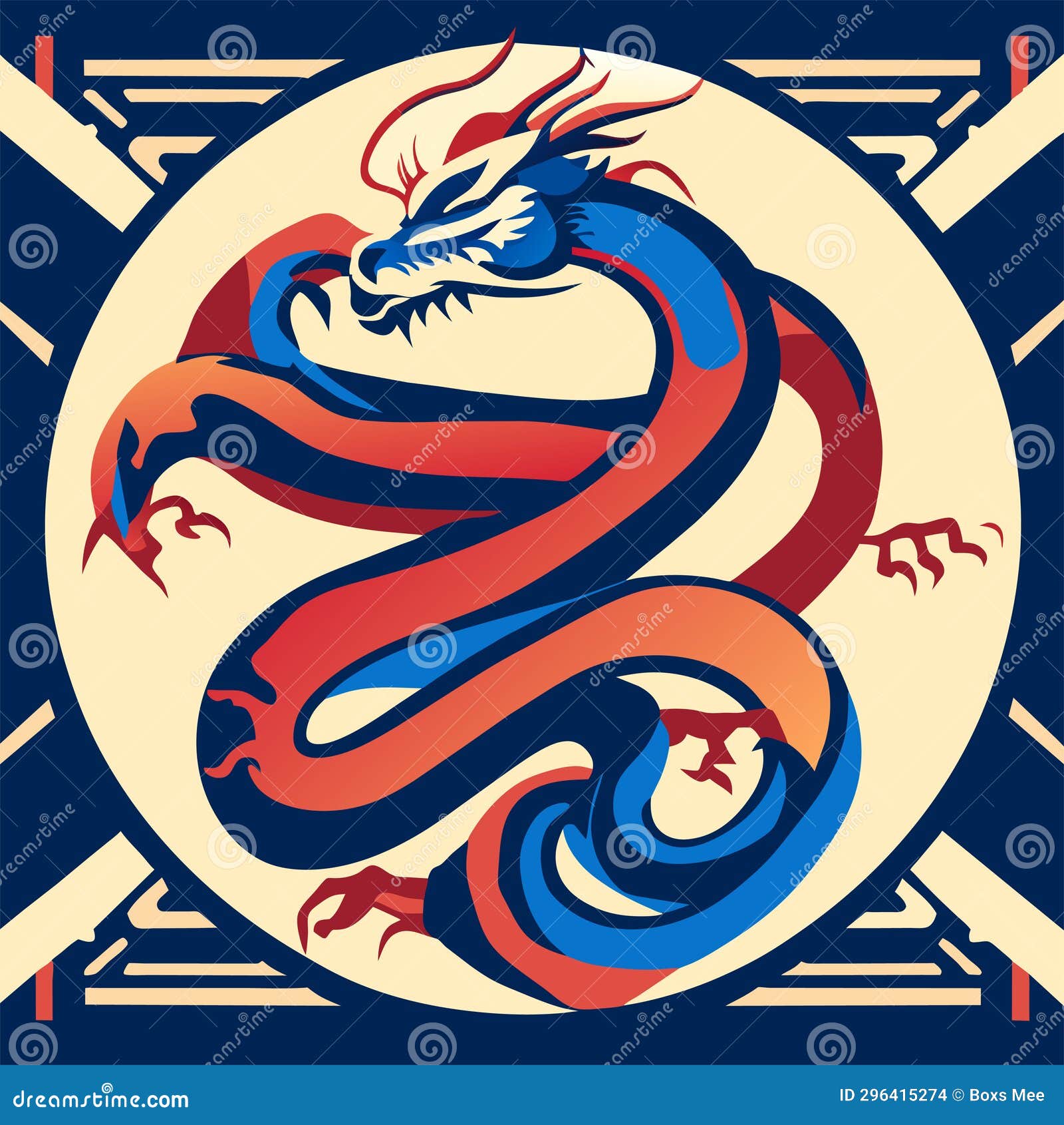 Vector Illustration of a Red and Blue Dragon on a Blue Background