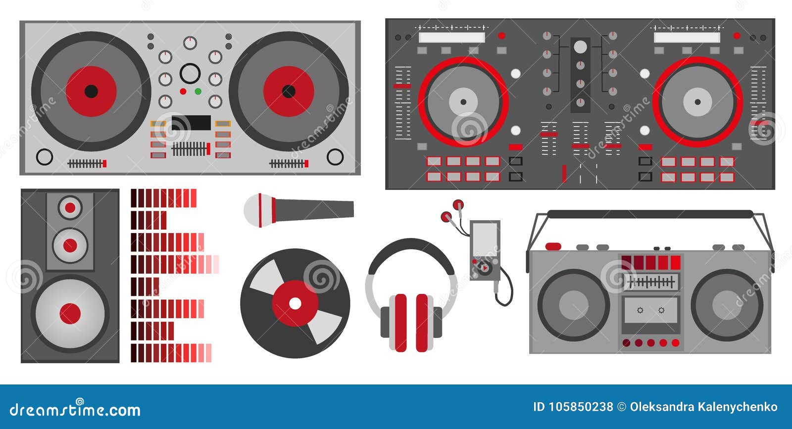 Vector Illustration with Red DJ Accessories DJ Control, Headphones ...
