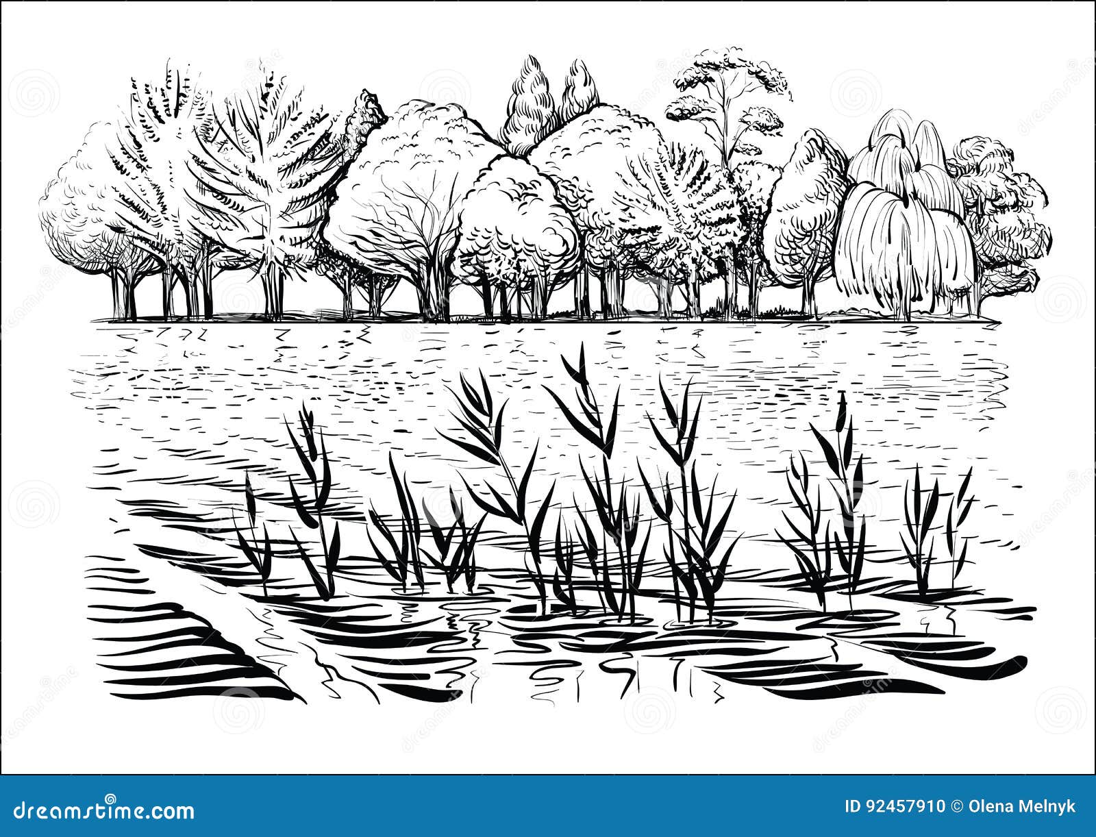   of river landscape with trees, water waves and reflexion. black and white sketch.