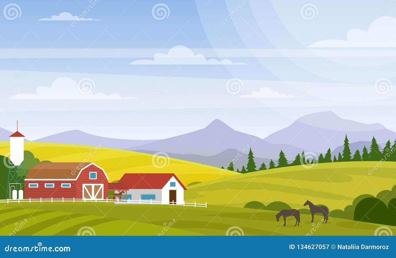  of rural landscape. beautiful countryside with farm and horses on fields, house and mountains for