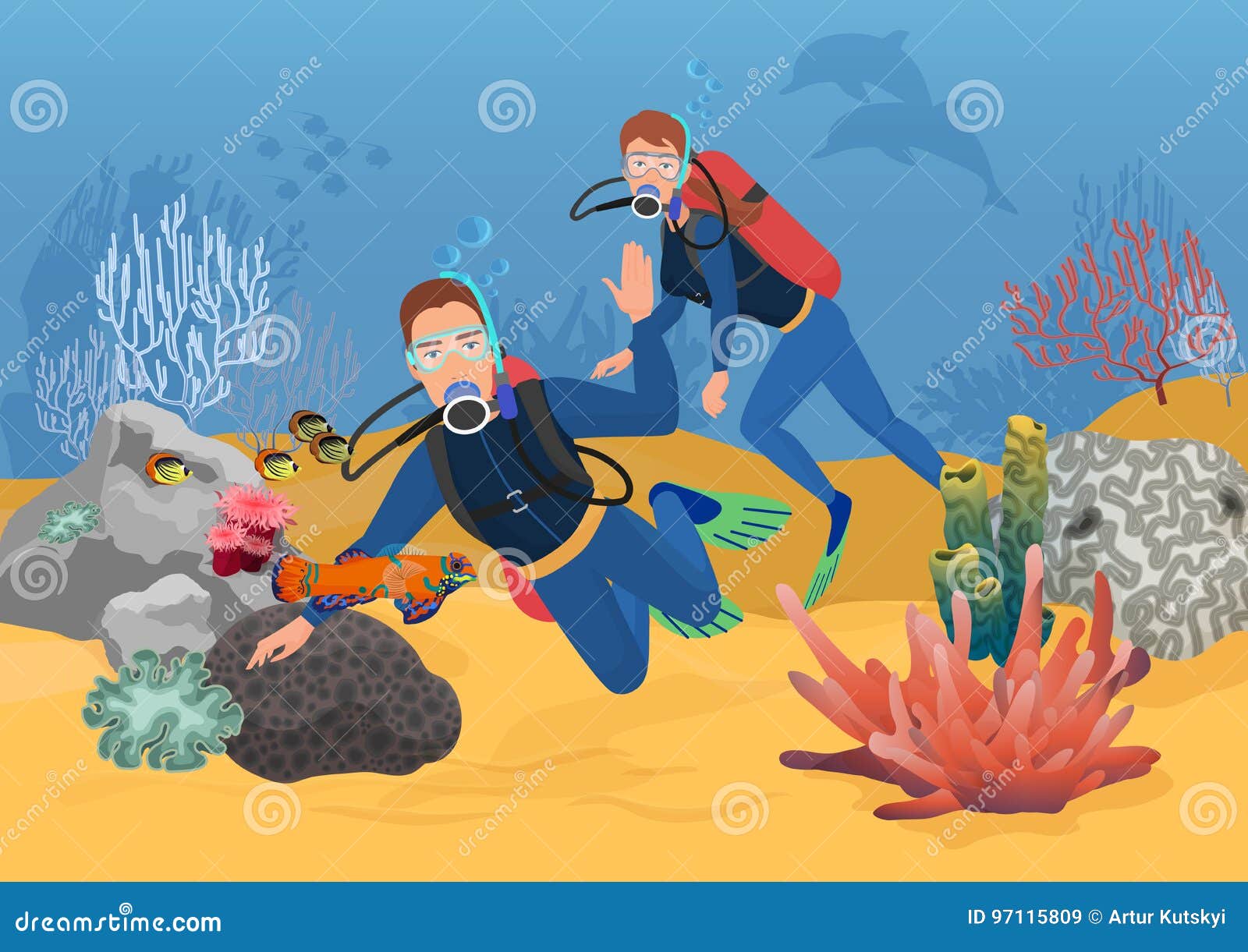 scuba-divers-on-the-seabed-explore-wrecked-boat-vector-cartoon
