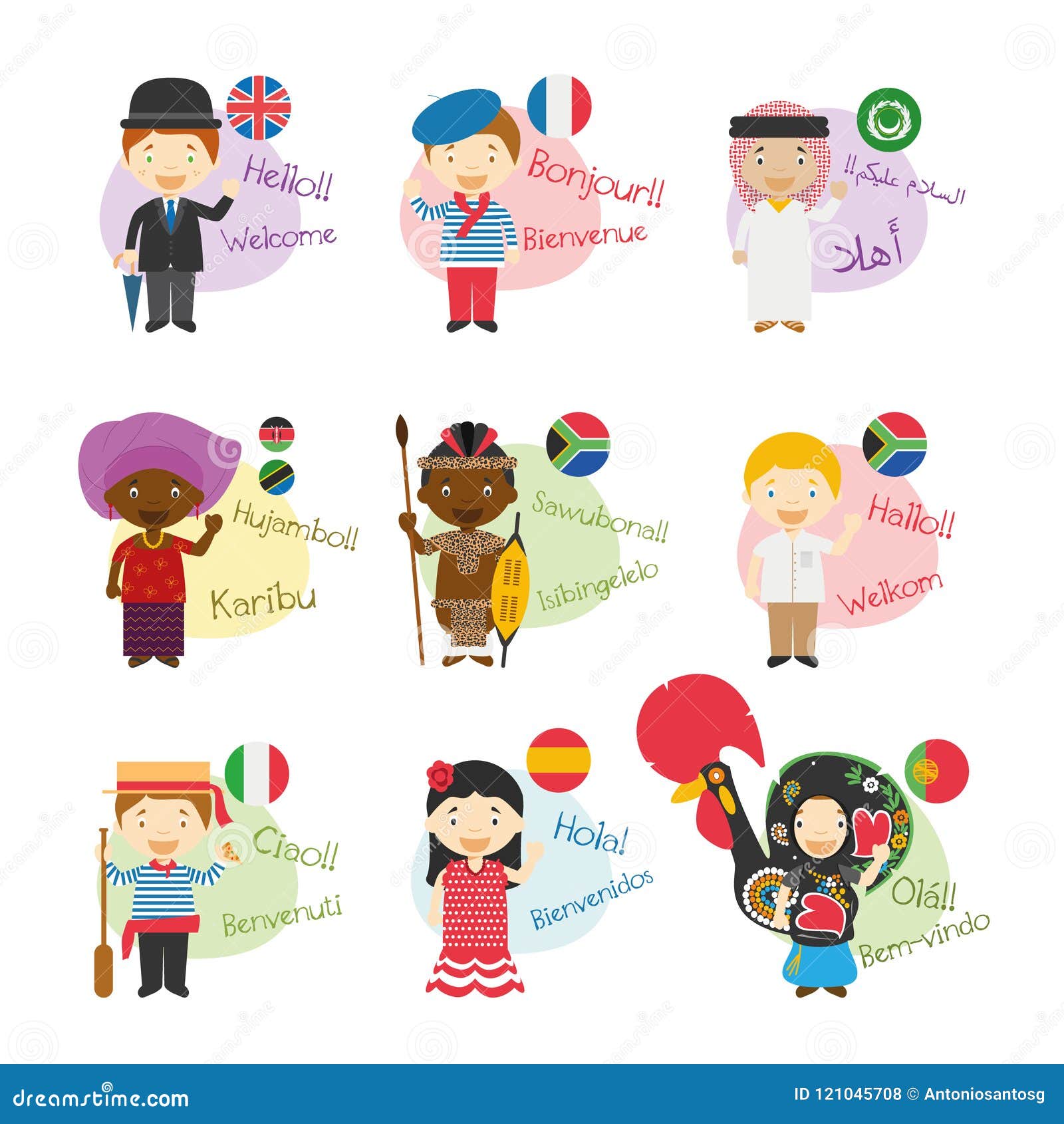 set of cartoon characters saying hello and welcome in 9 languages spoken in africa