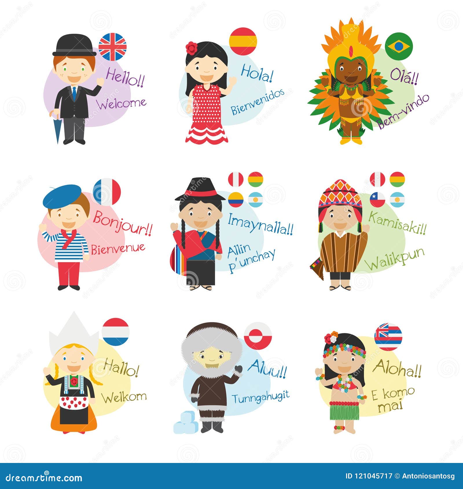 set of cartoon characters saying hello and welcome in 9 languages spoken in america