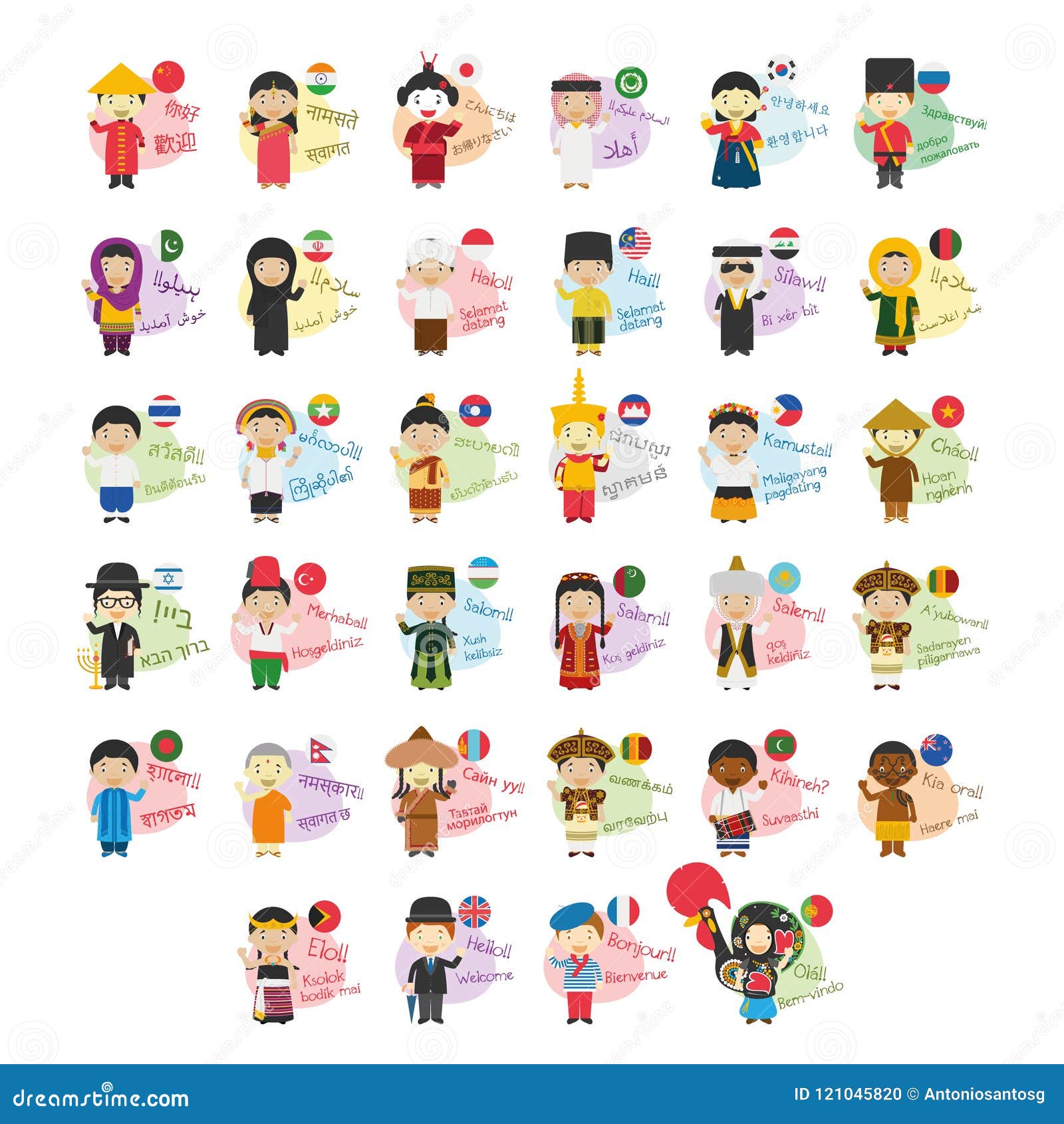 set of cartoon characters saying hello and welcome in 34 languages spoken in asia and oceania