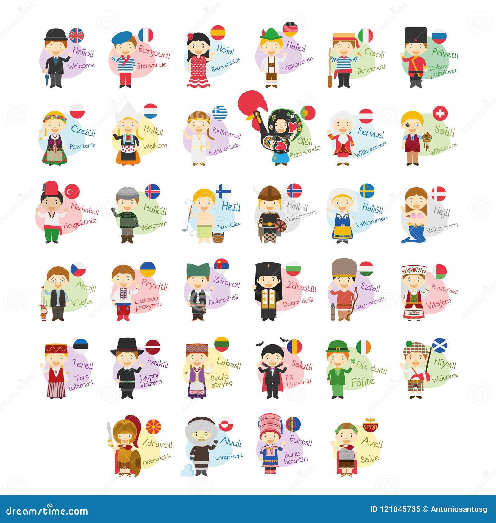 set of cartoon characters saying hello and welcome in 34 languages spoken in europe