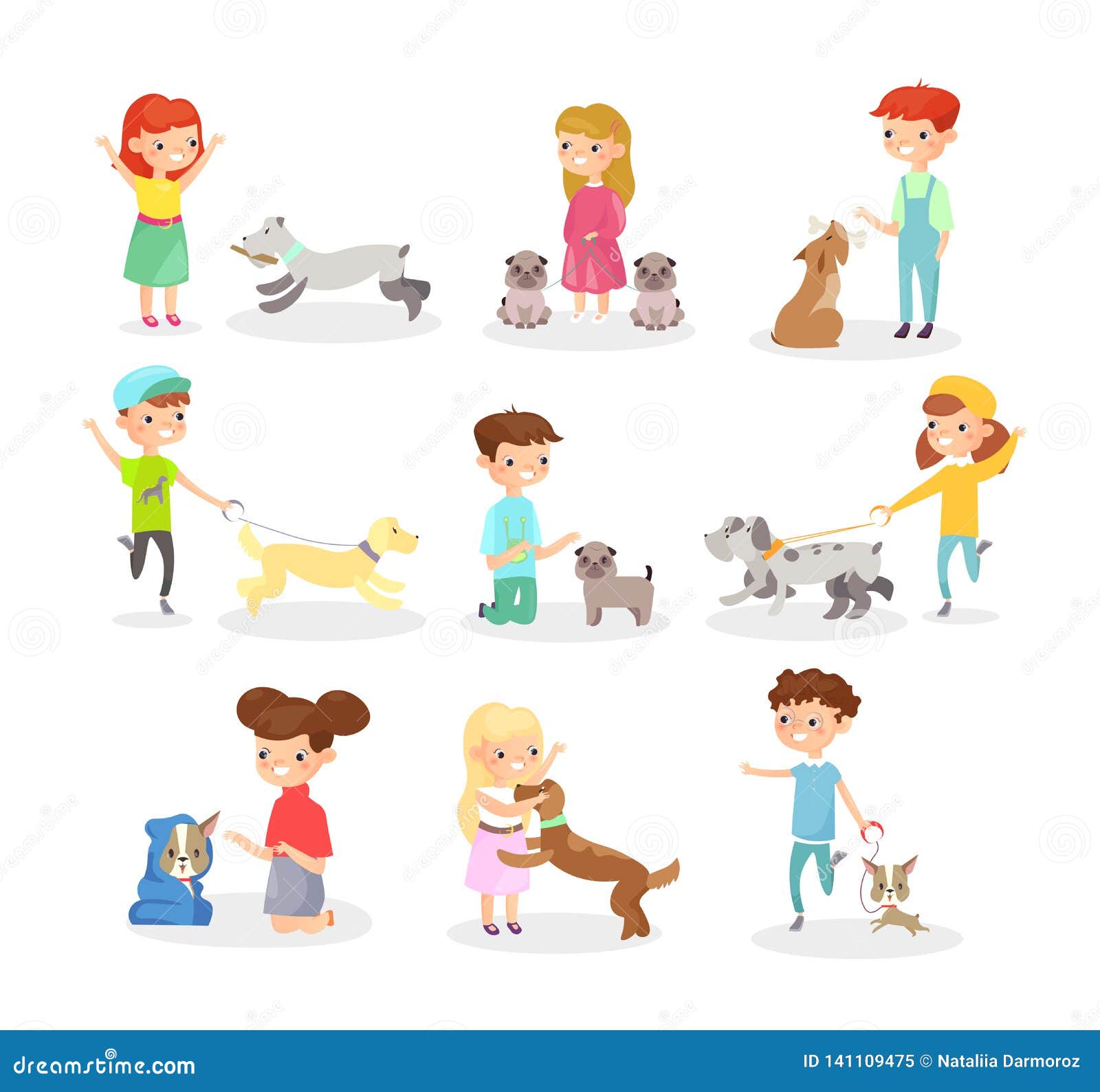 Vector Illustration Set of Children Playing with Dogs. Happy Boys and ...