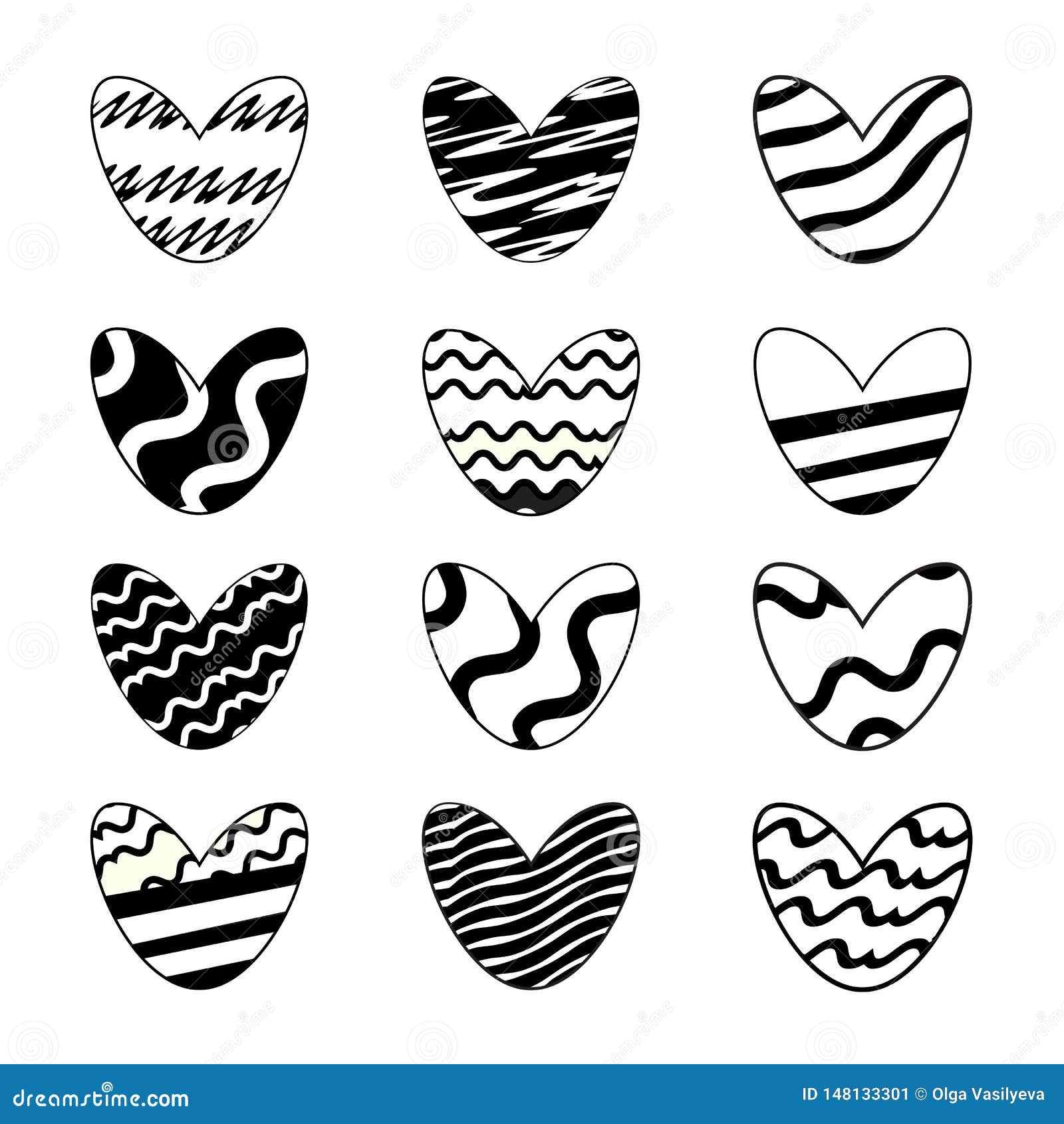 Vector Illustration Set Of Cute Hearts Painted In Black And White