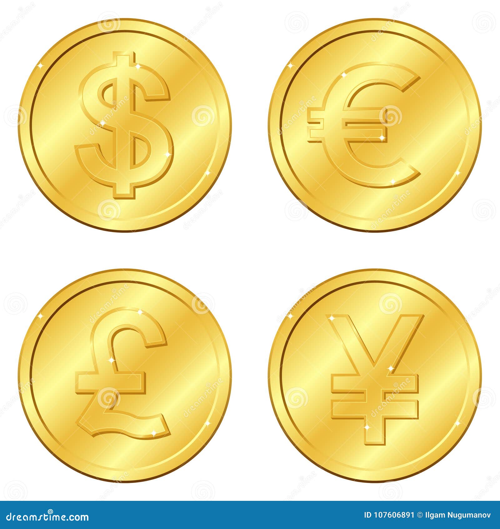  . set of gold coins with 4 major currencies. dollar, euro, pound sterling, yuan or yen. chips. editable