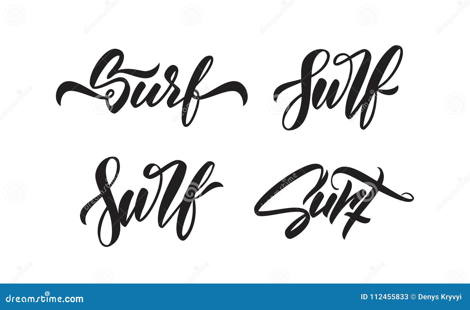 Set of Handwritten Brush Type Lettering of Surf on White Background