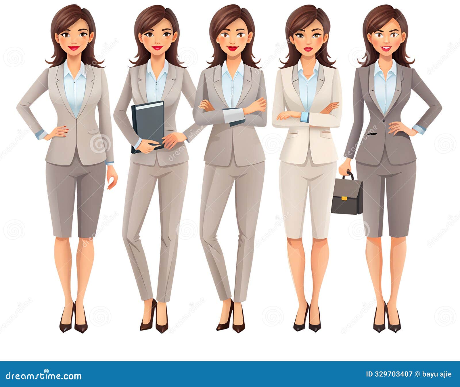   set of office woman, different pose, wearing pastel office outfit. ai image generated.