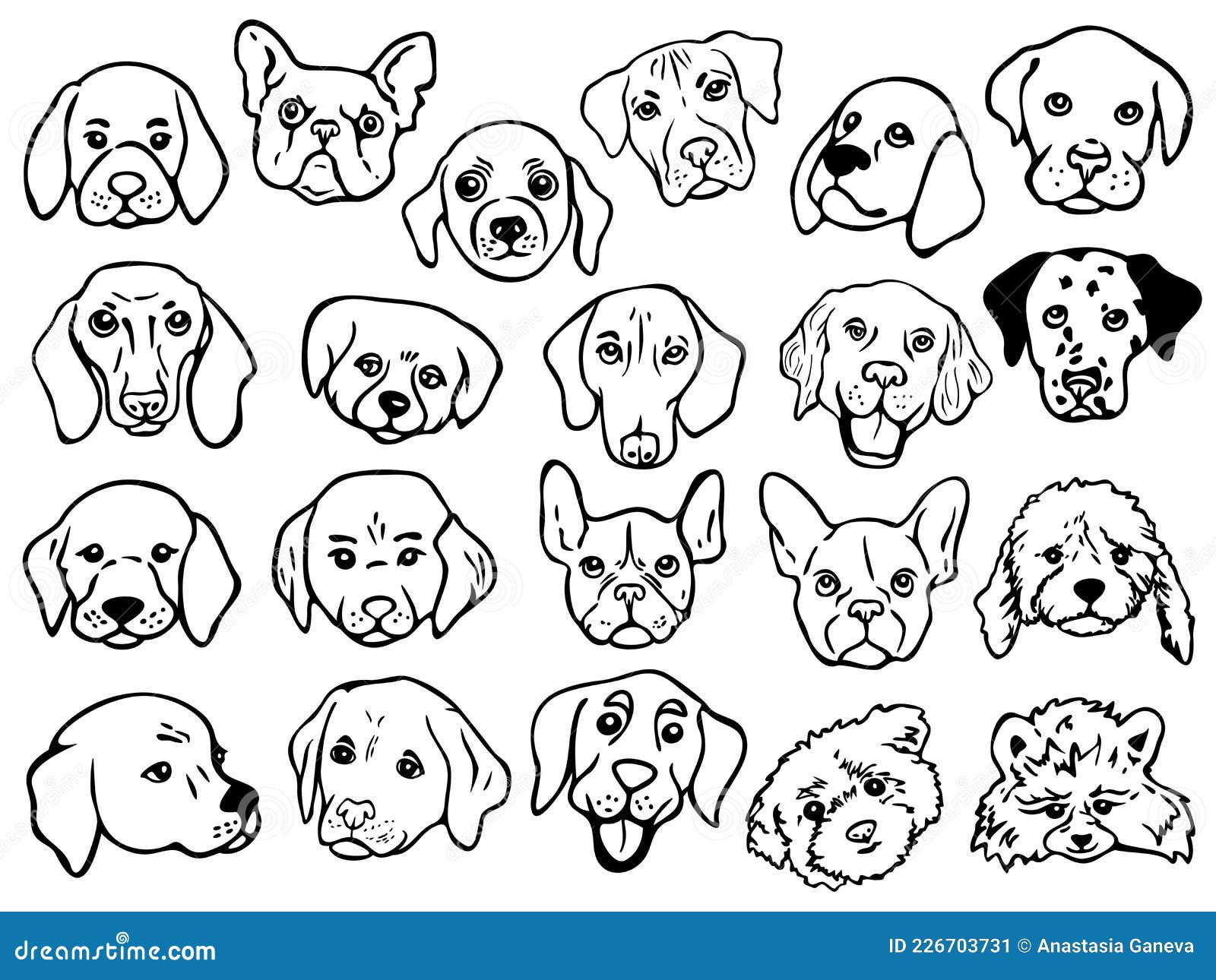   set with outlines of different breeds dog faces.