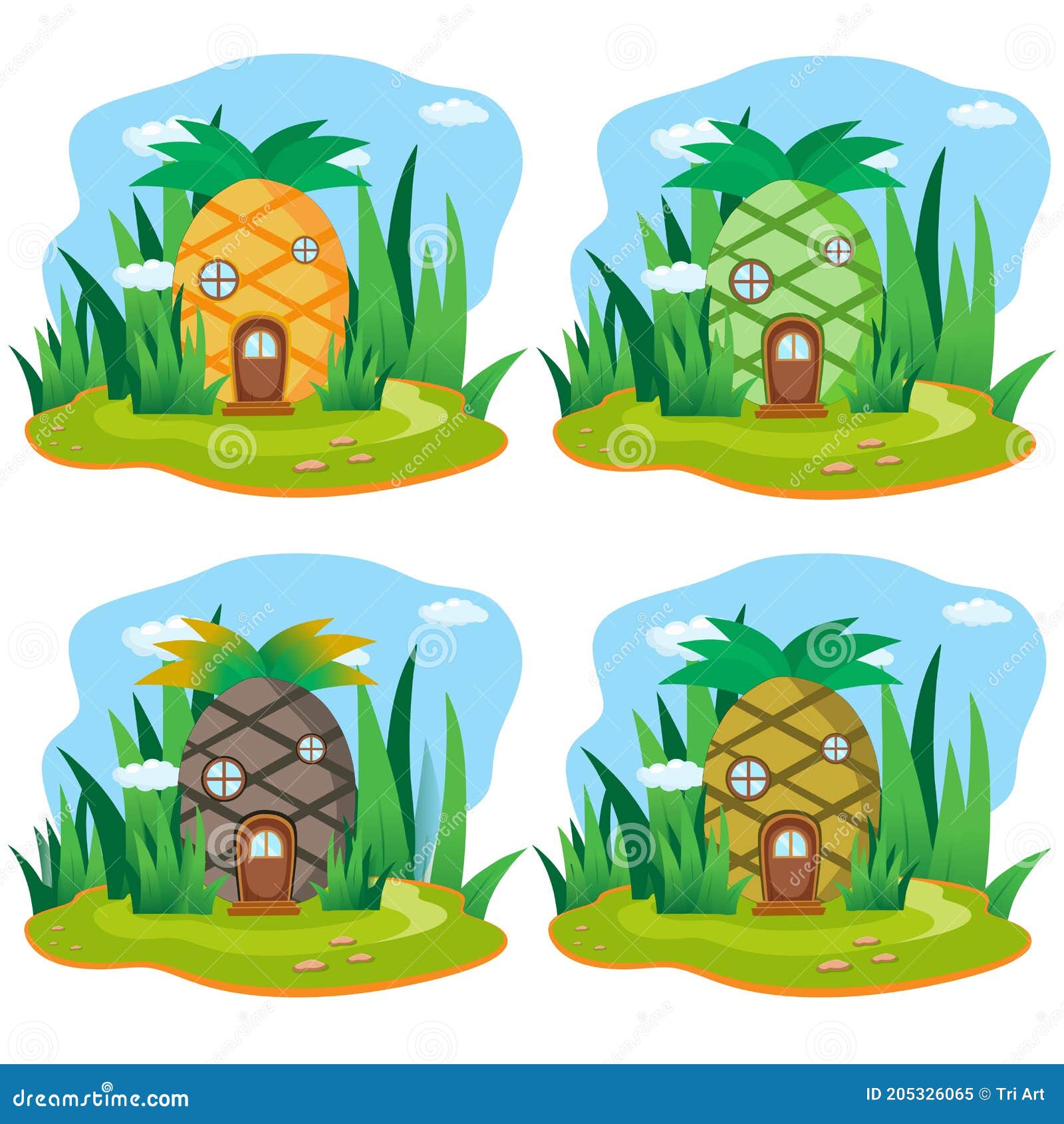 Vector Illustration Set of a Pineapple Fruit House with Grass and Cloud