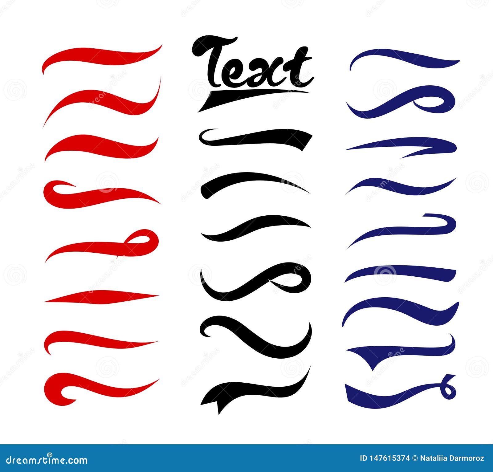   set of text s. typography tails collection. swirling swash and swoosh. red, blue and black