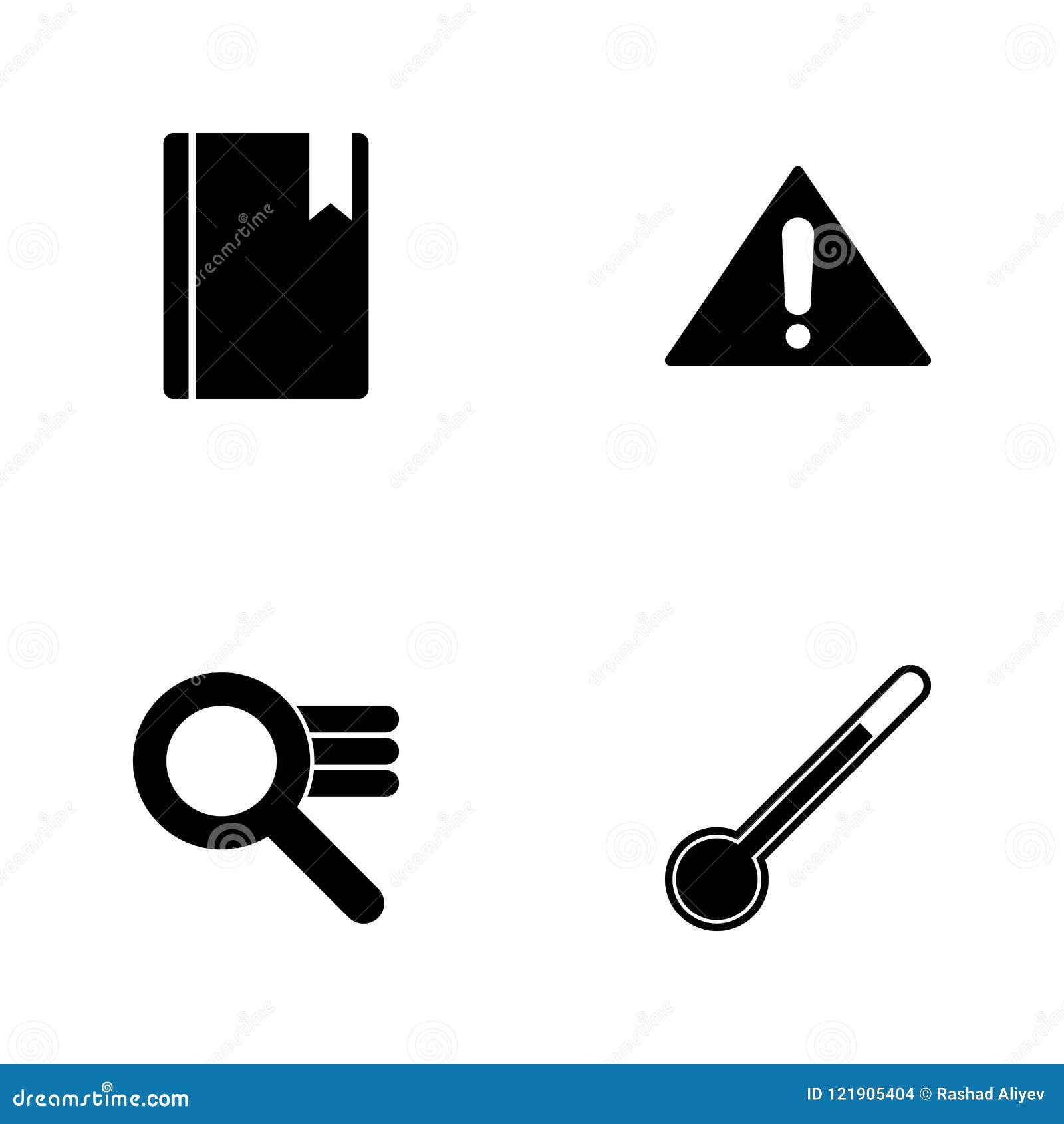   set web icons. s thermometry, search settings sign, attention sign and bookmark in a book icon