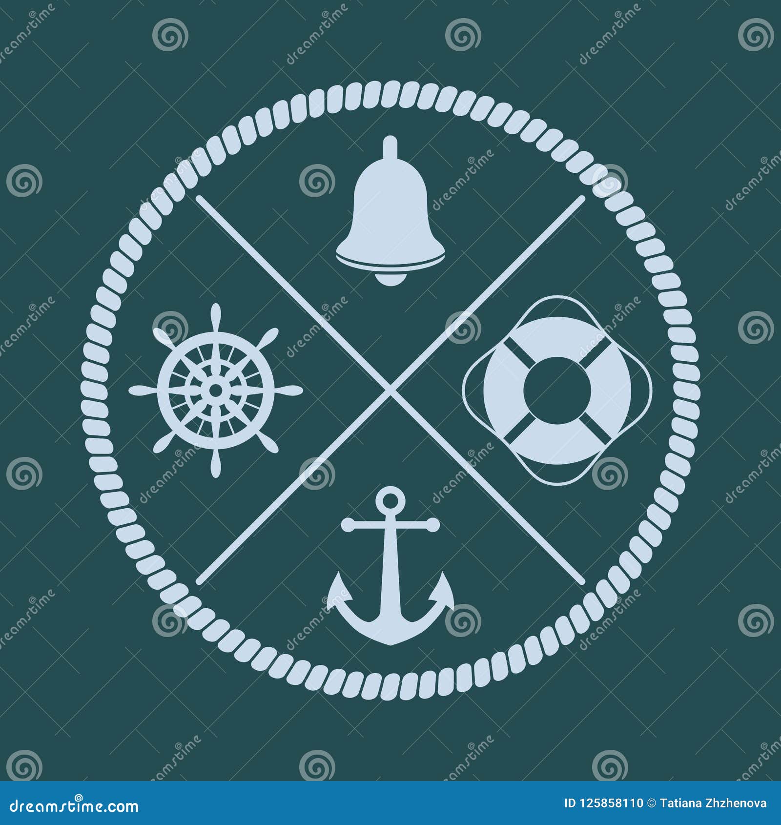 Ship`s Wheel, Bell, Anchor and Lifebuoy Silhouettes with Crossed Stock ...