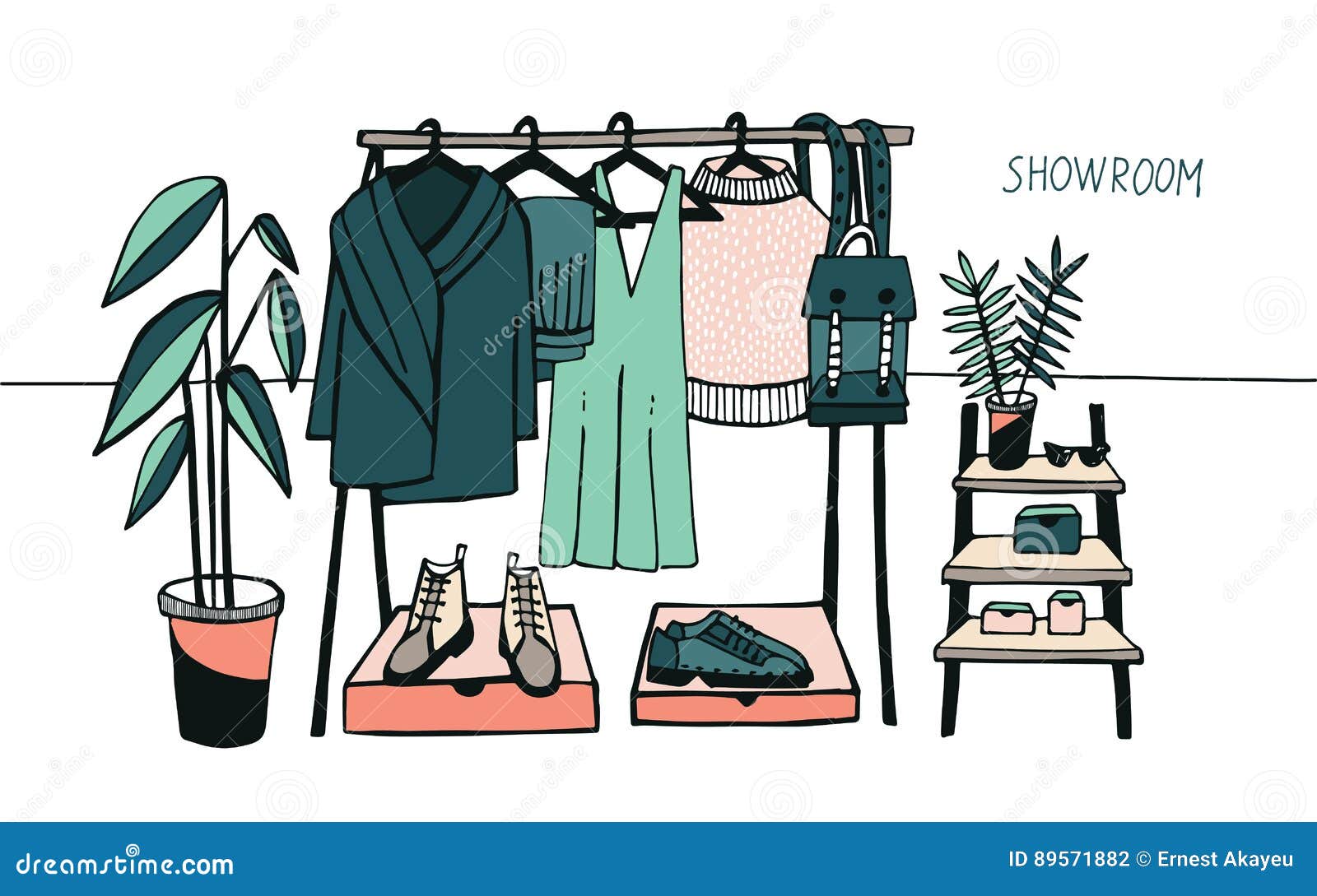 Vector Illustration Showroom. Coat Rack With Clothes, Bags, Boxes And Shoes,  Fashion, Modern Style. Colorful. Stock Vector - Illustration Of Background,  Decoration: 89571882