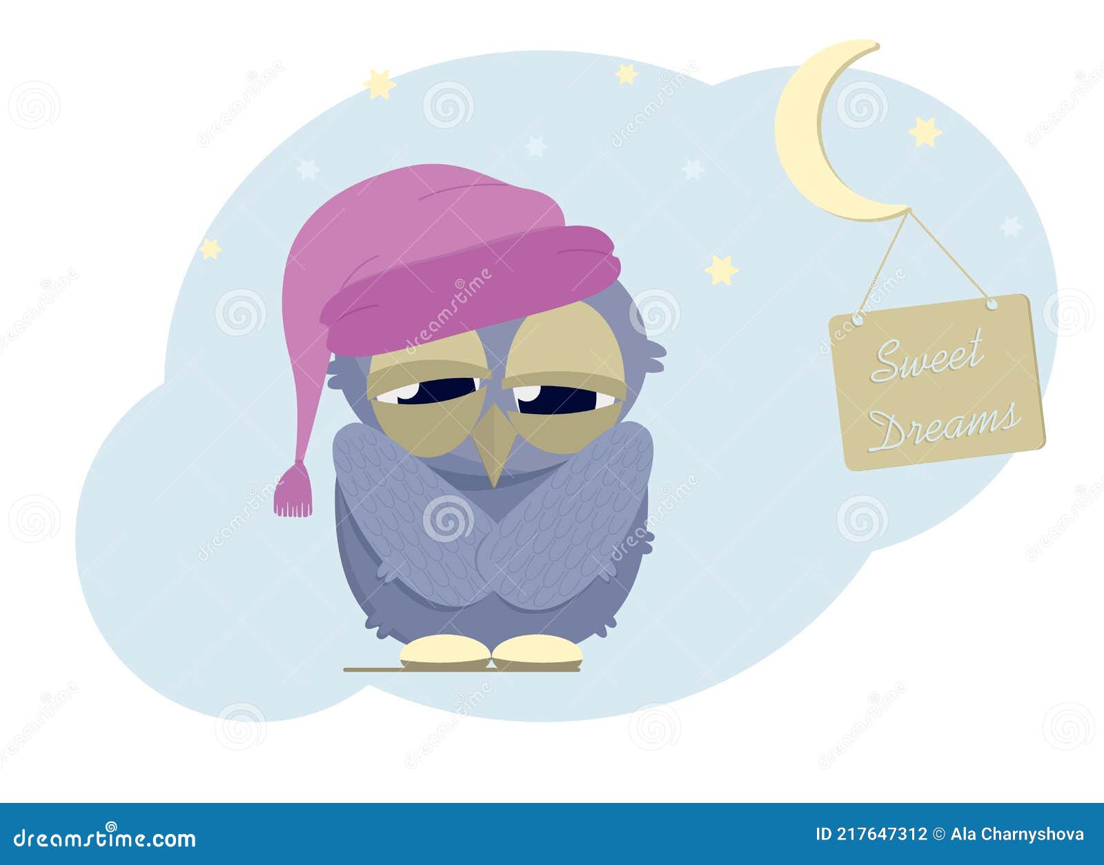 Sleepy Owl in a Nightcap. Night with Stars and Moon Stock Vector ...
