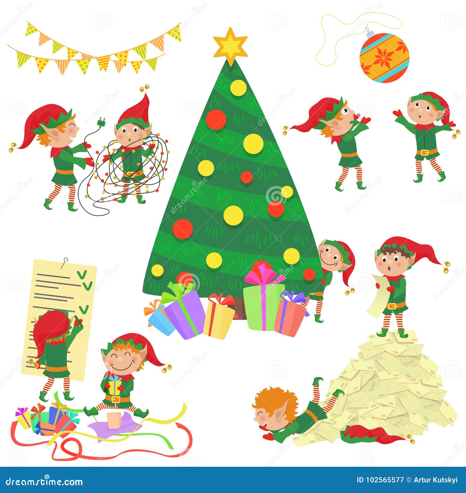 Vector Illustration of Small Cute Elves Decorating Christmas Tree Set