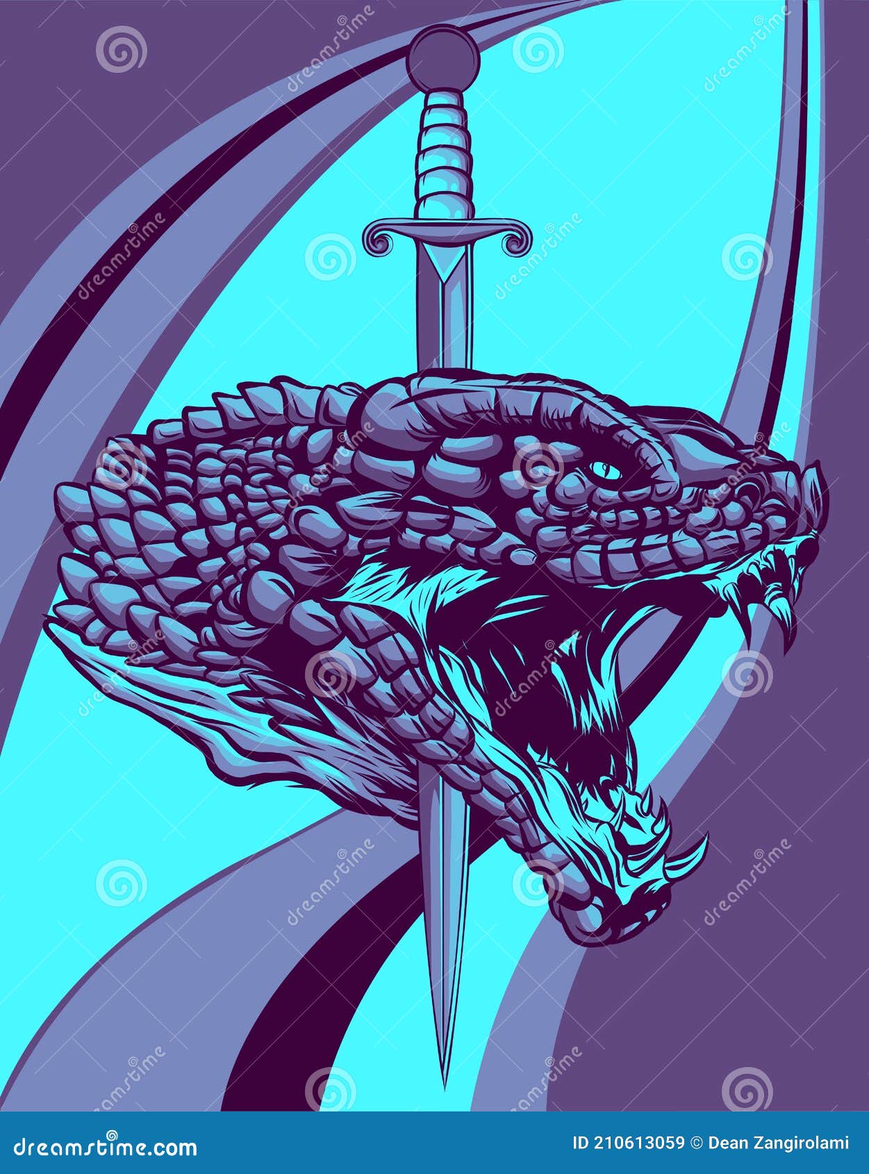 Vector Illustration Snake Head with Knife Art Stock Vector