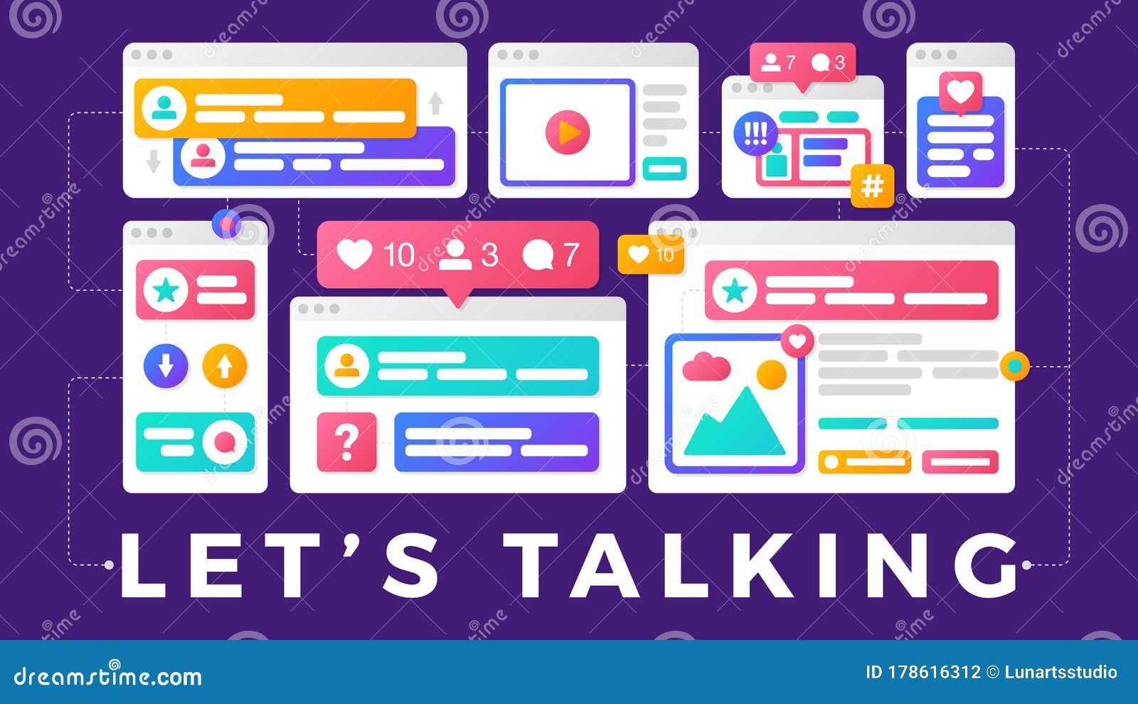   of a social media communication concept. the word lets talking with colorful cross-platform browser windows