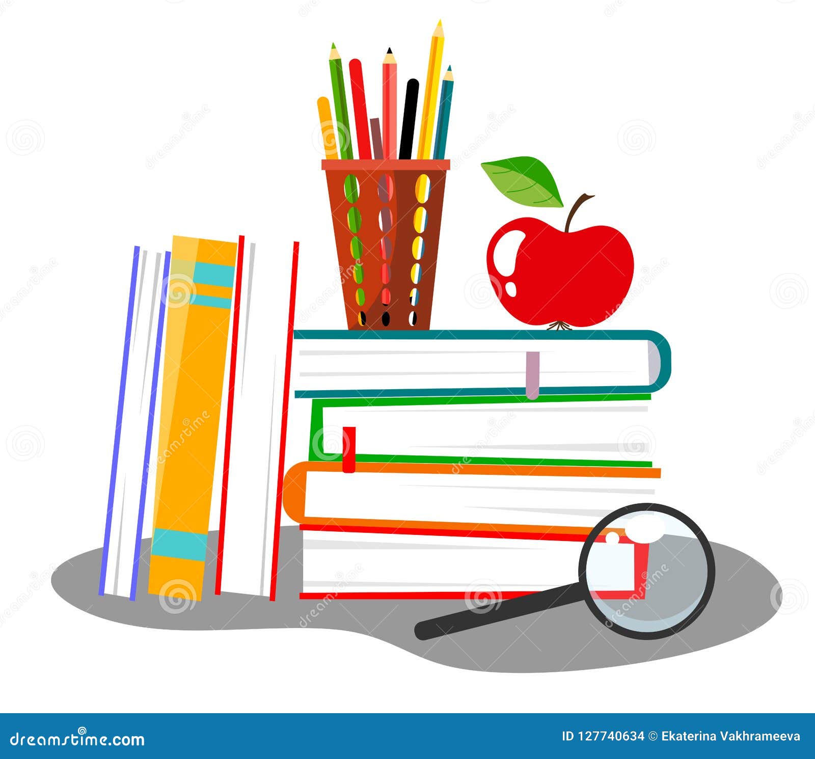 Vector Illustration with a Stack of Books, a Pencil Holder, a Magnifier