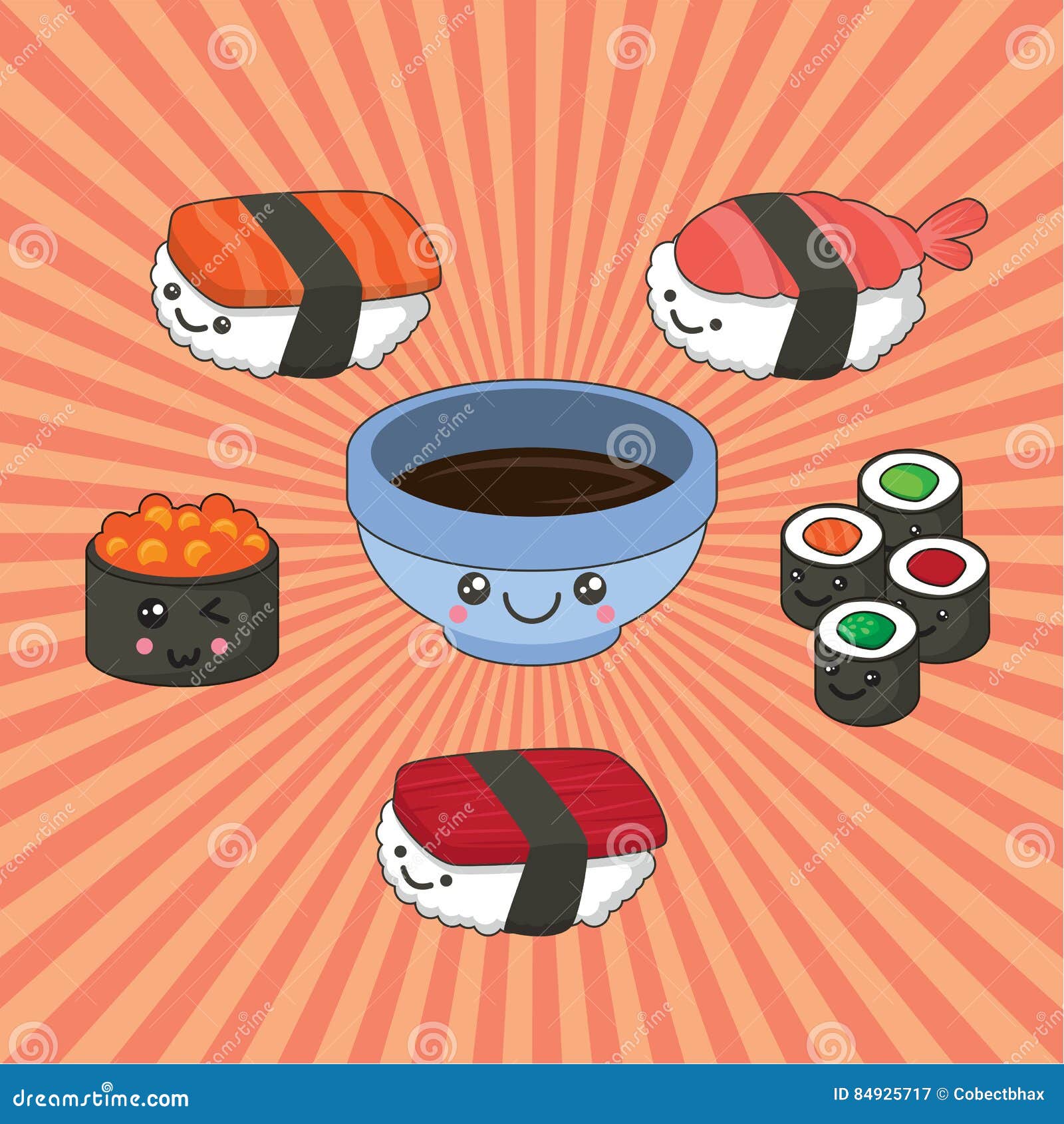 Vector Illustration of Sushi Set in Kawaii Style. Rolls with Tuna ...