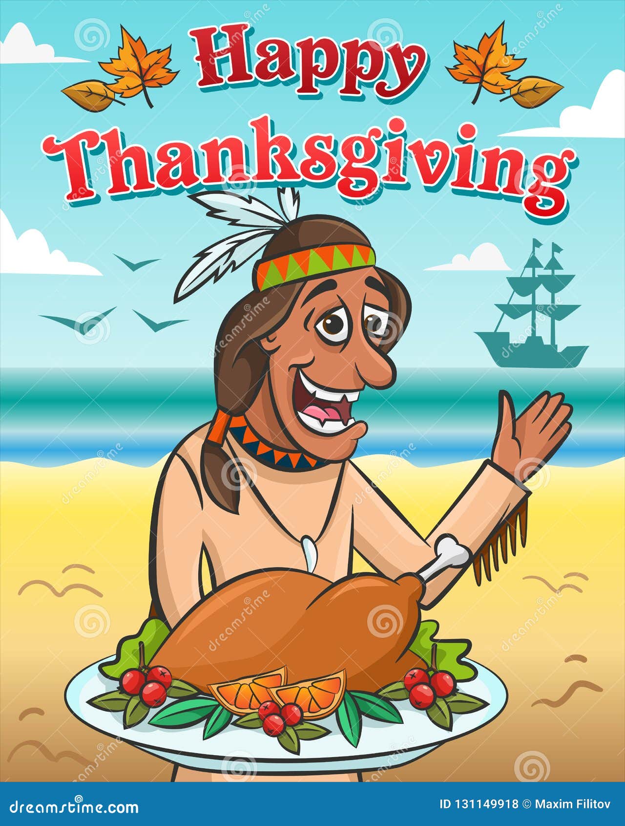 Vector Illustration for Thanksgiving Day. Happy Native American with Baked  Turkey Against the Ocean. Stock Vector - Illustration of greeting, happy:  131149918