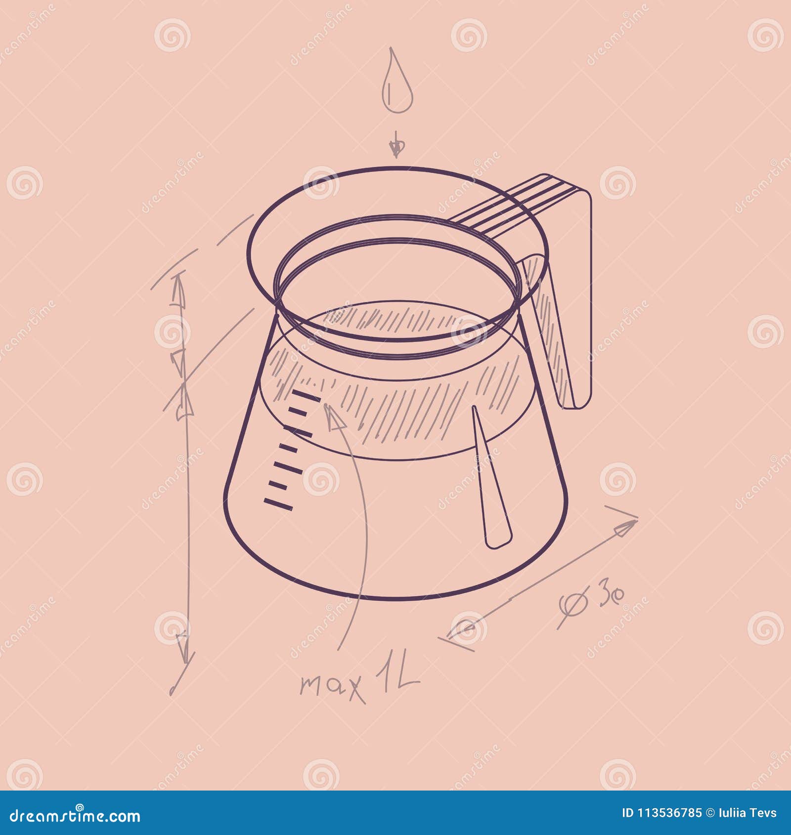   thin line sketch with 3d coffee pot. coffee container in isometric flat style