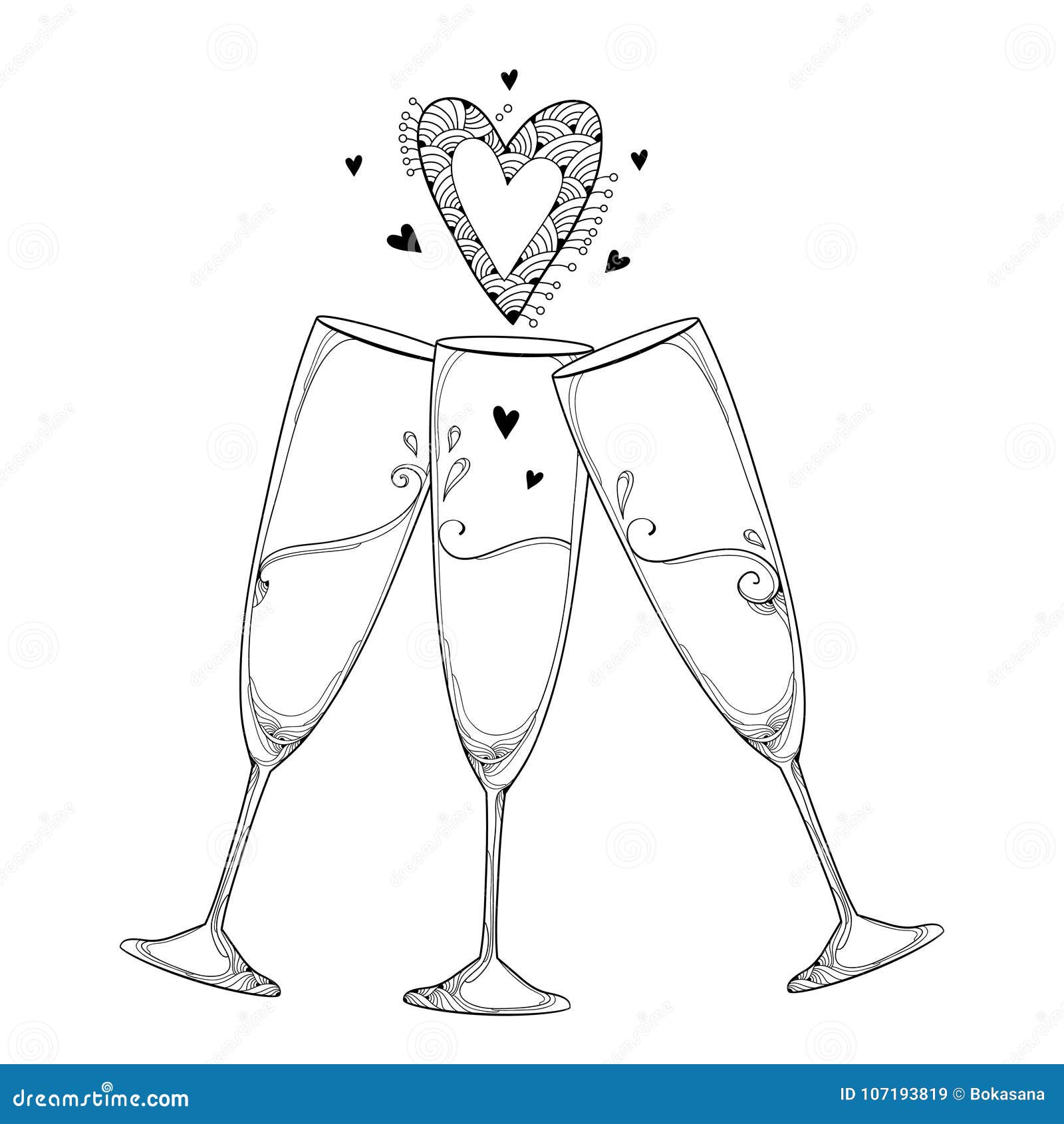 Download Vector Illustration With Three Contour Toasting Champagne Glass And Ornate Heart In Black ...