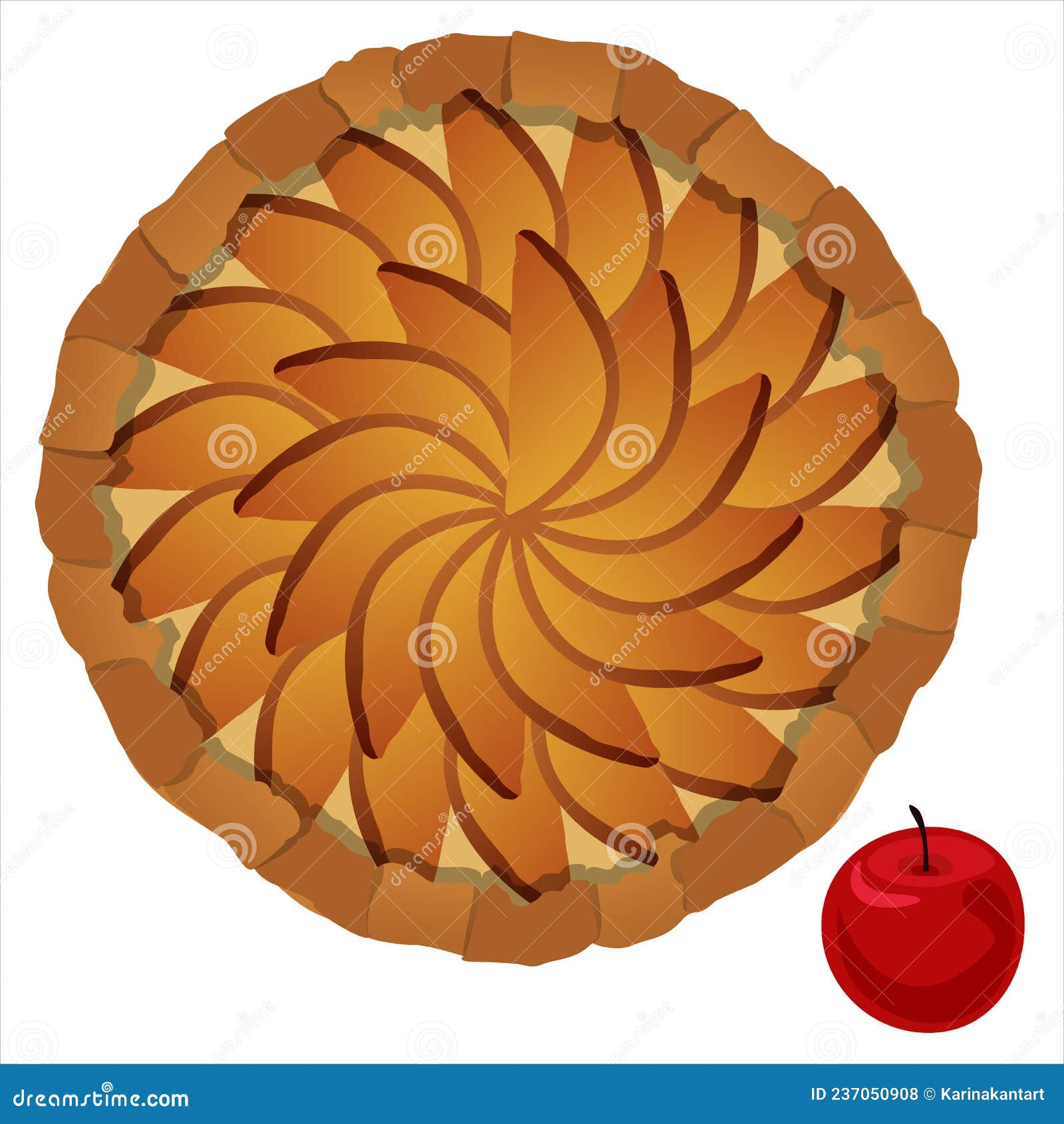 Vector Illustration. Top View of Apple Pie Isolated on White. Stock