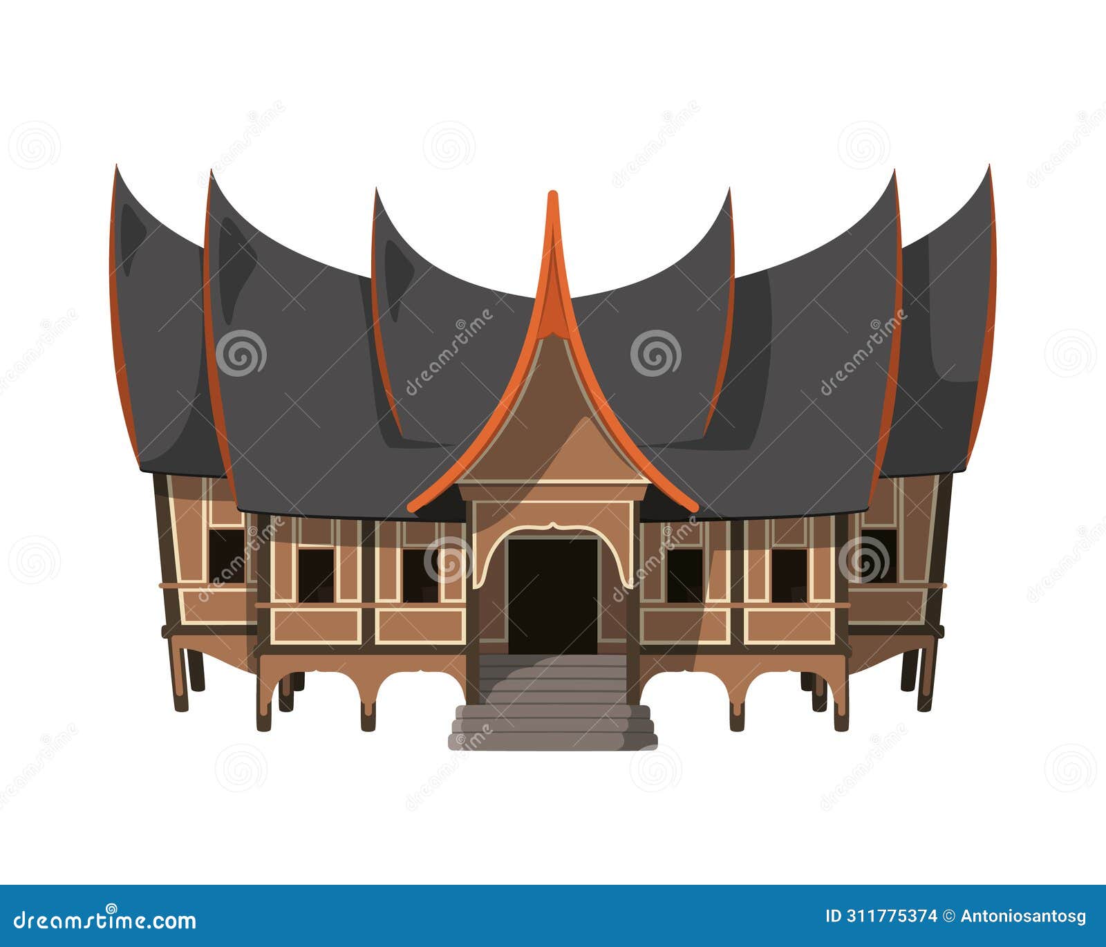   of a traditional indonesia rumah gadang house in cartoon style  on white background.