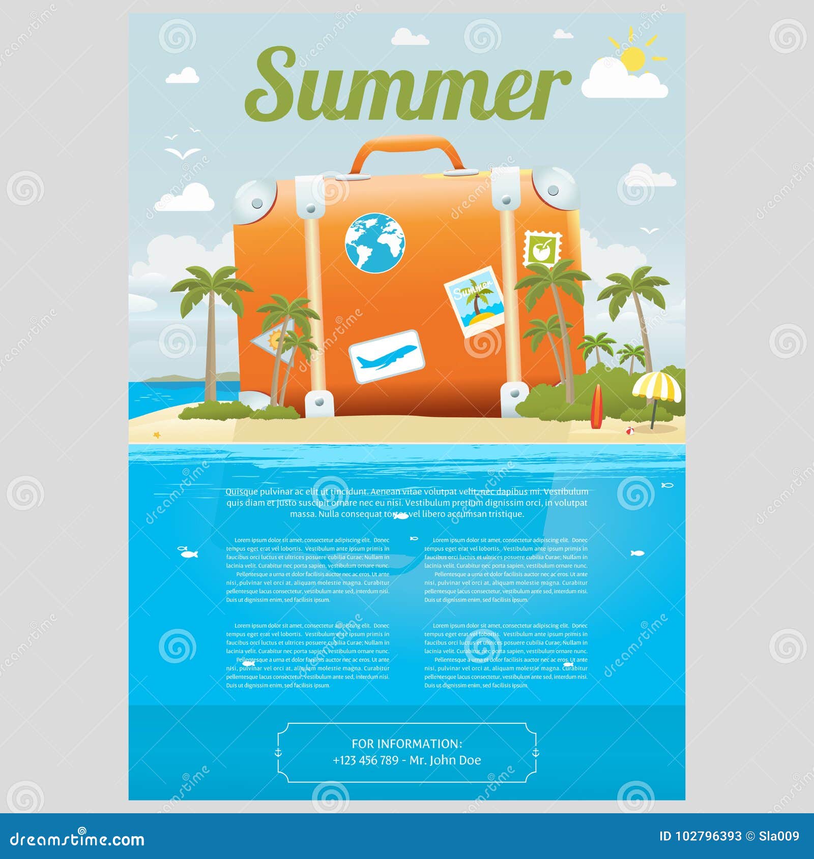 Vector Illustration of Travel Suitcase on the Sea Island Stock For Island Brochure Template