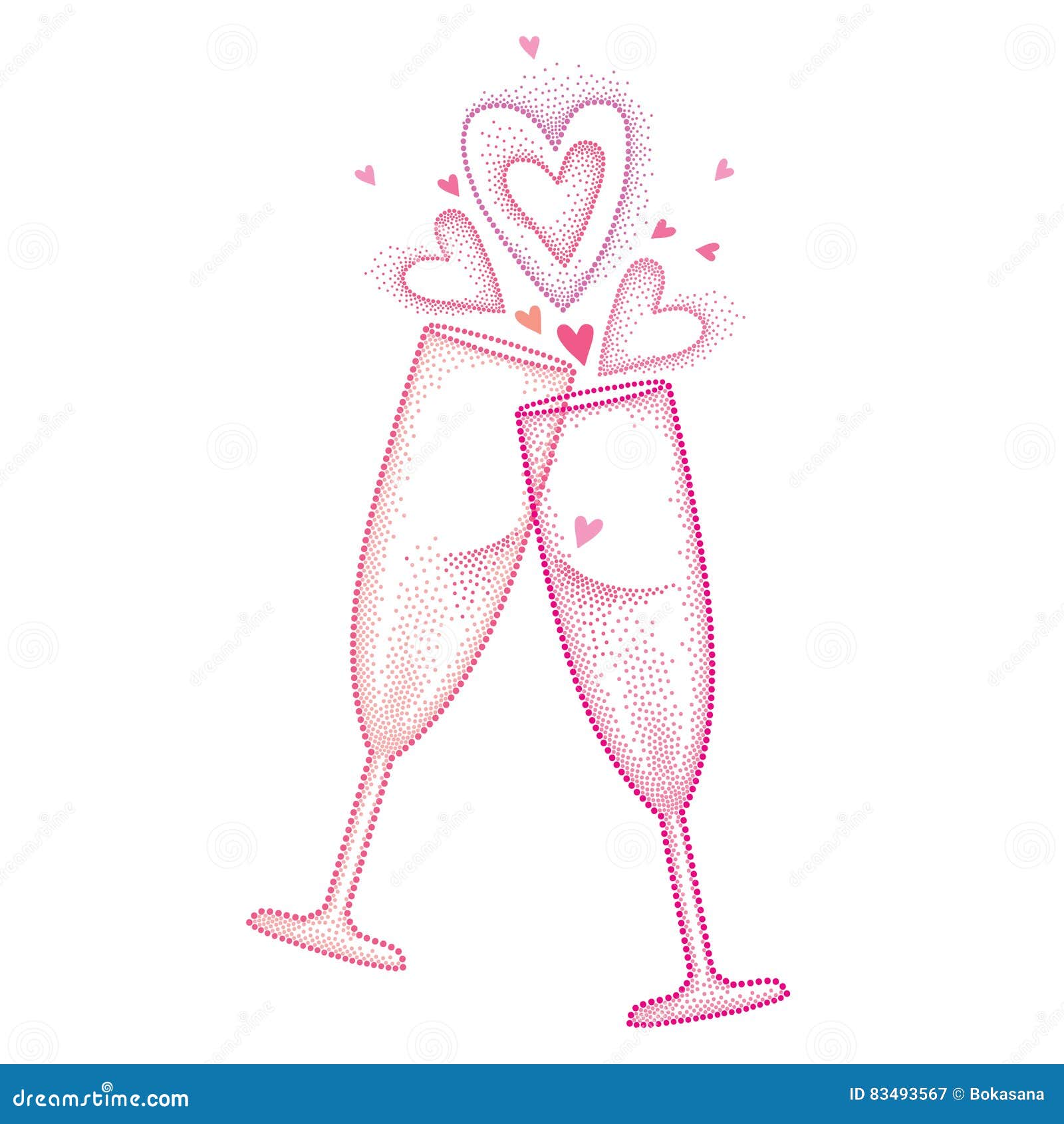 Vector Illustration With Two Dotted Toasting Champagne Glass With Heart In Pink Isolated On