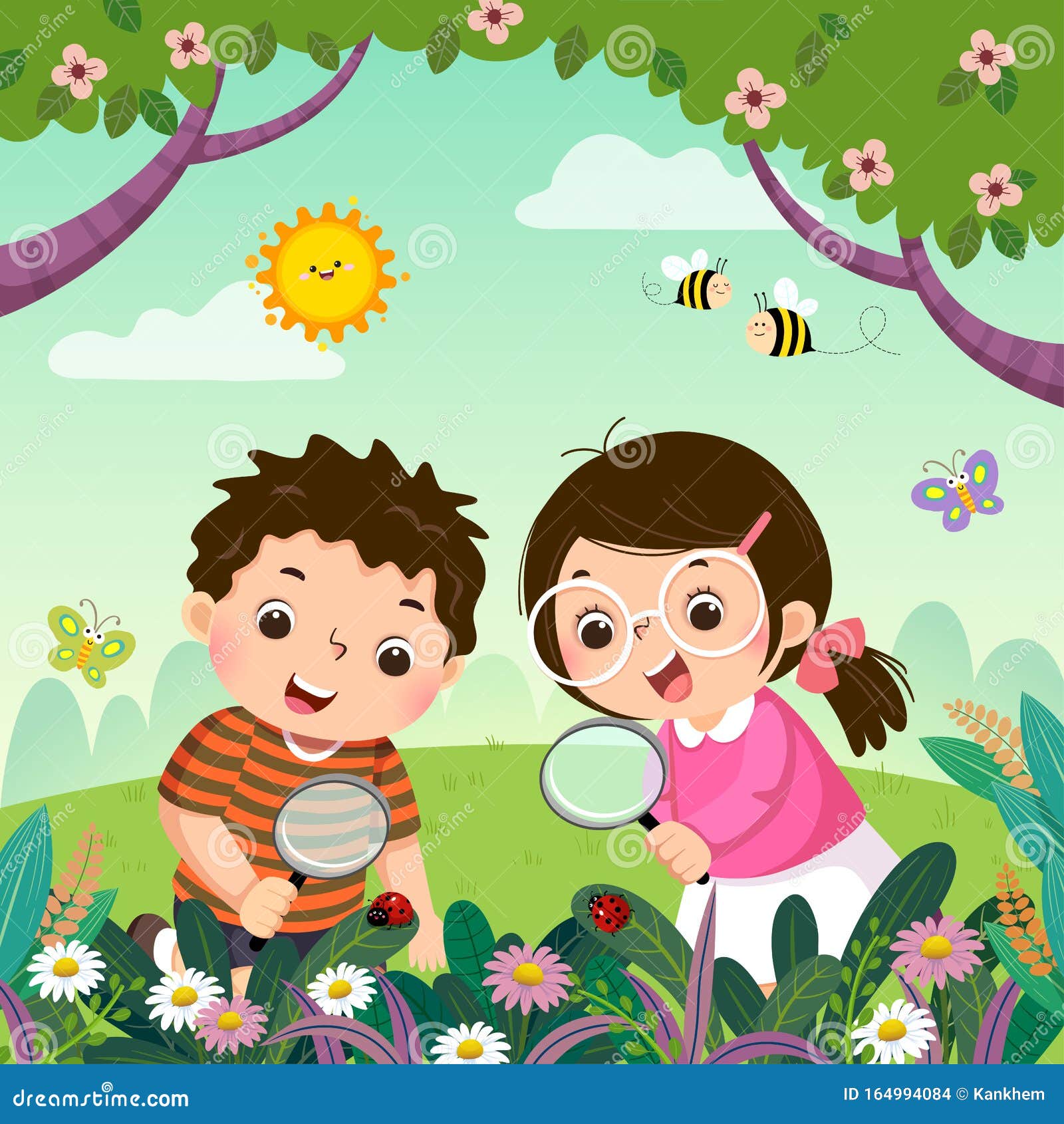 two kids looking through magnifying glass at ladybugs on plants. children observing nature