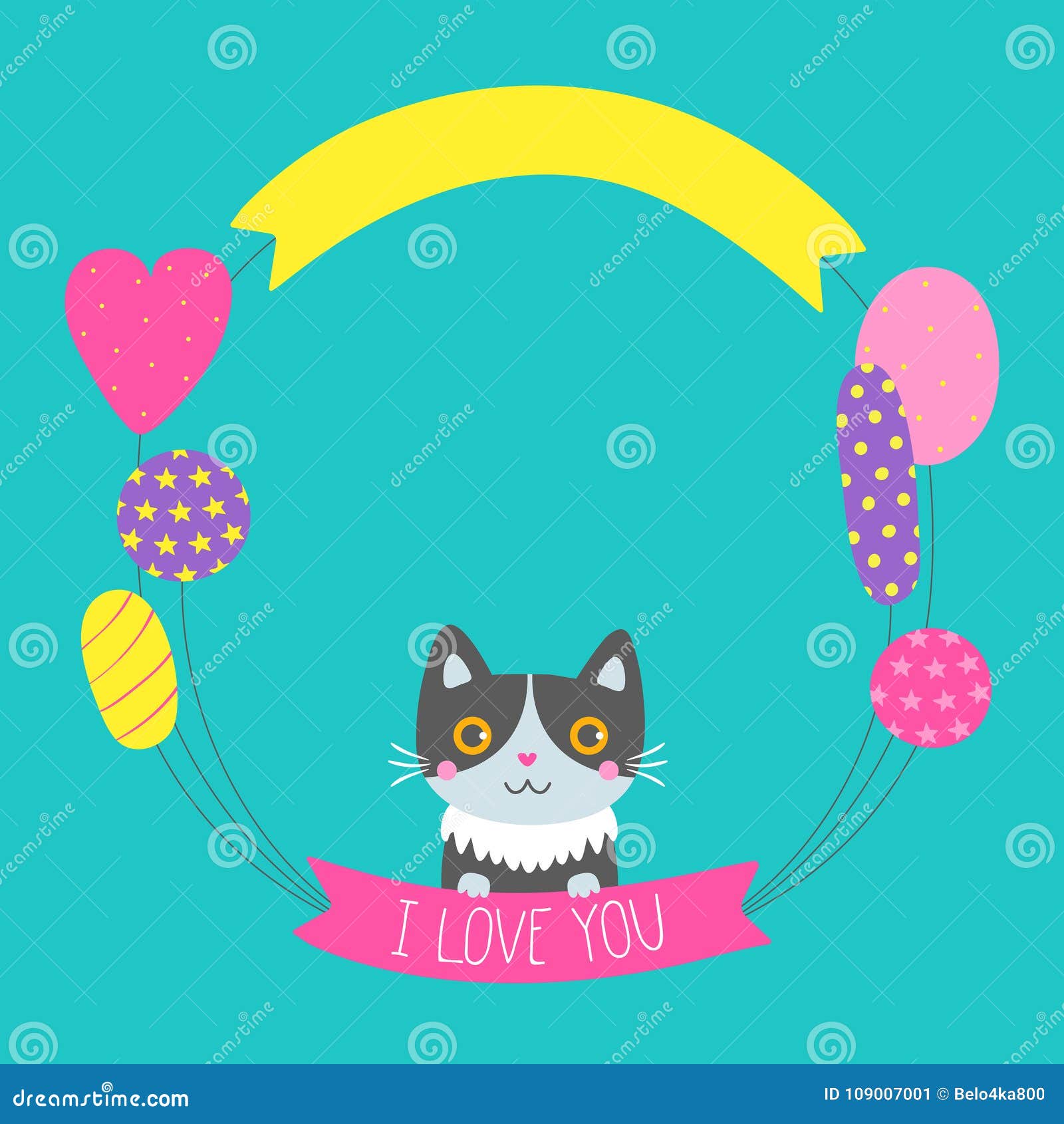 Greeting Card with Balloons and Cute Cat. Stock Vector - Illustration ...